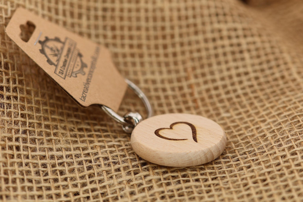 Laser Engraved Heart Keychain - Double Sided Hardwood With Rust Resistant Ring