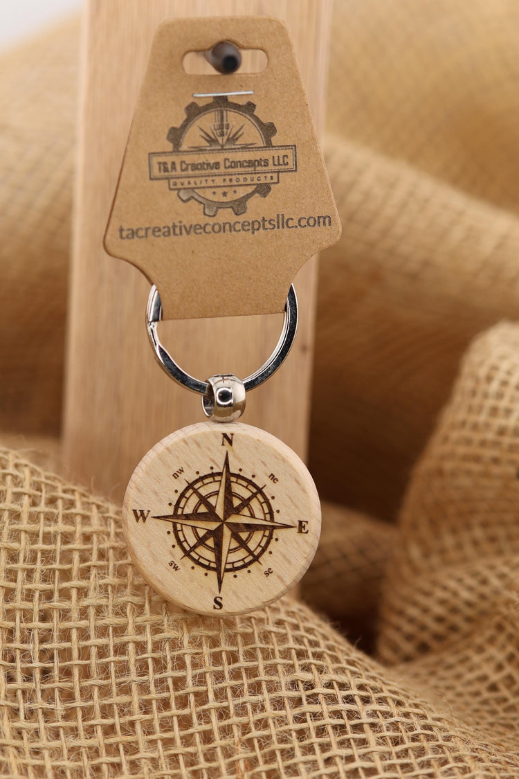 Wood Compass Keychain – Double Sided Compass | Laser Engraved Adventure Bag Charm