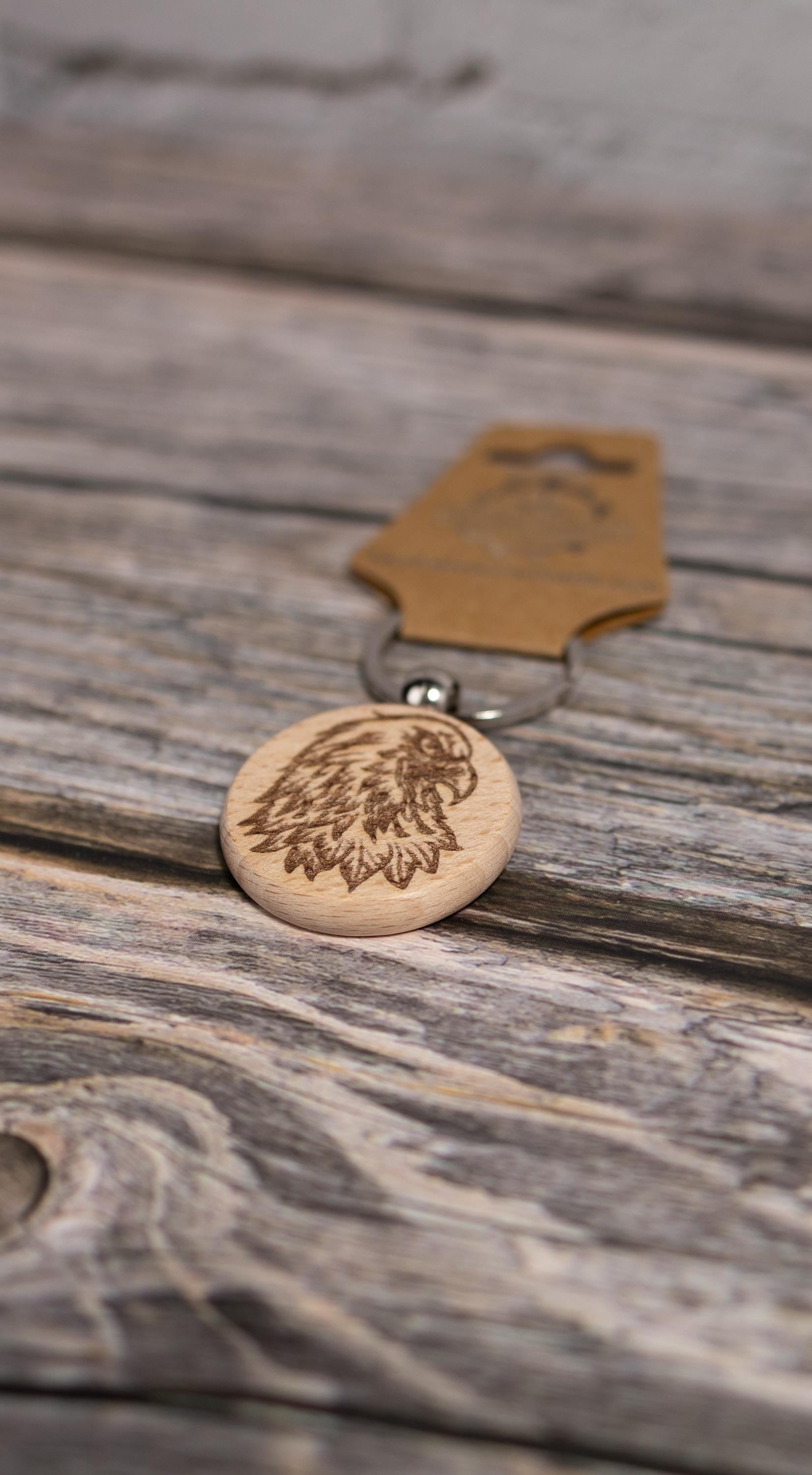 Hardwood Eagle Keychain - Rustic Laser Engraved Charm with Stainless Steel Hardware