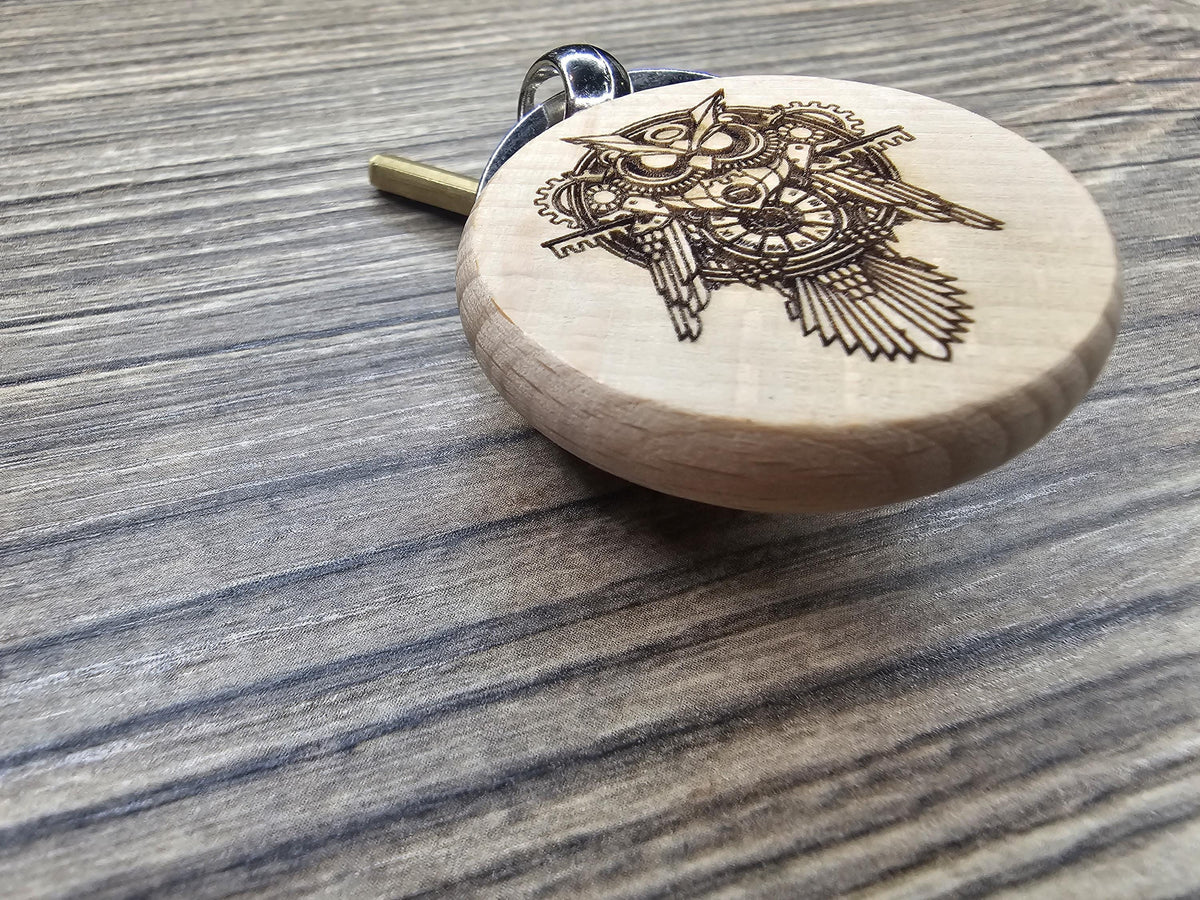 Steampunk Owl Keychain – Double Sided Charm | Engraved Hardwood Keepsake