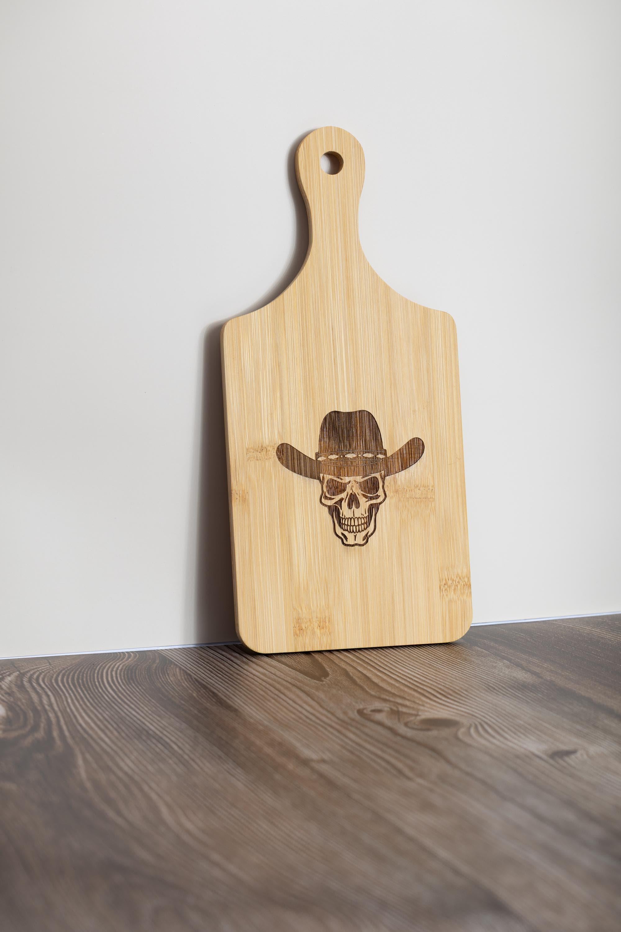 Cowboy Skull Cutting Board – Bamboo Rustic Kitchen Board With Cowboy Hat Design