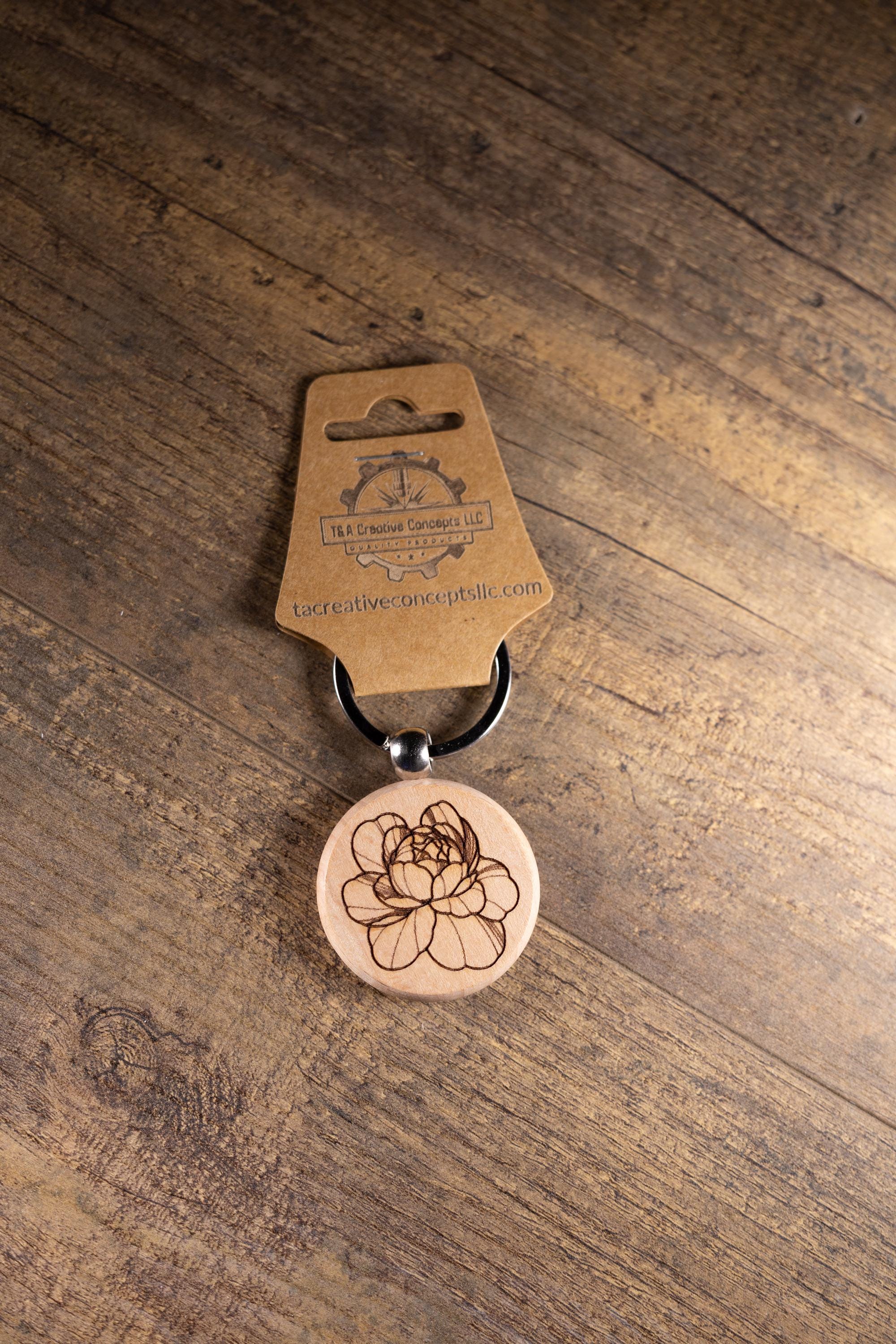Peony Wood Keychain – Laser Engraved Floral Wood Charm with Stainless Steel Ring