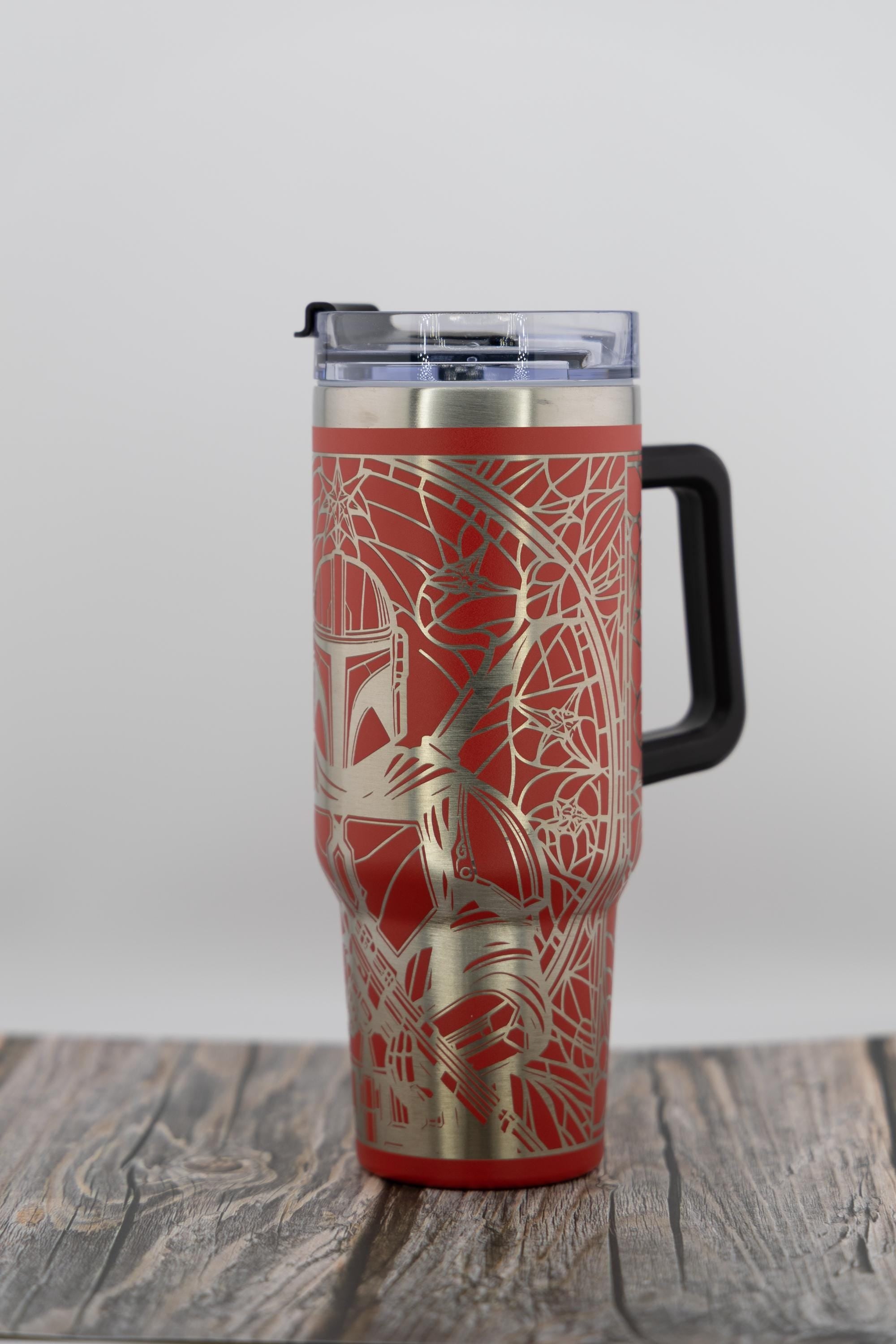 Mandalorian Mosaic Tumbler – 40oz Steel Cup With Laser Engraved Mandalorian Helmet Design