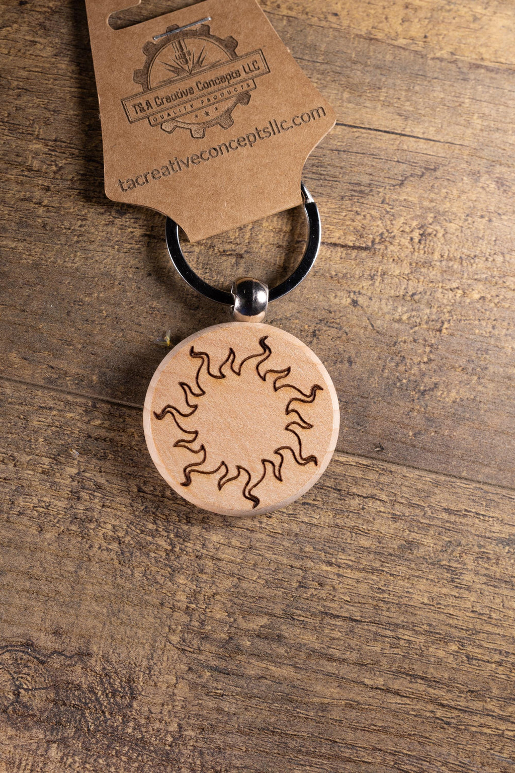 Wood Sun Keychain - Laser Engraved Solid Hardwood Charm | Stainless Steel Ring