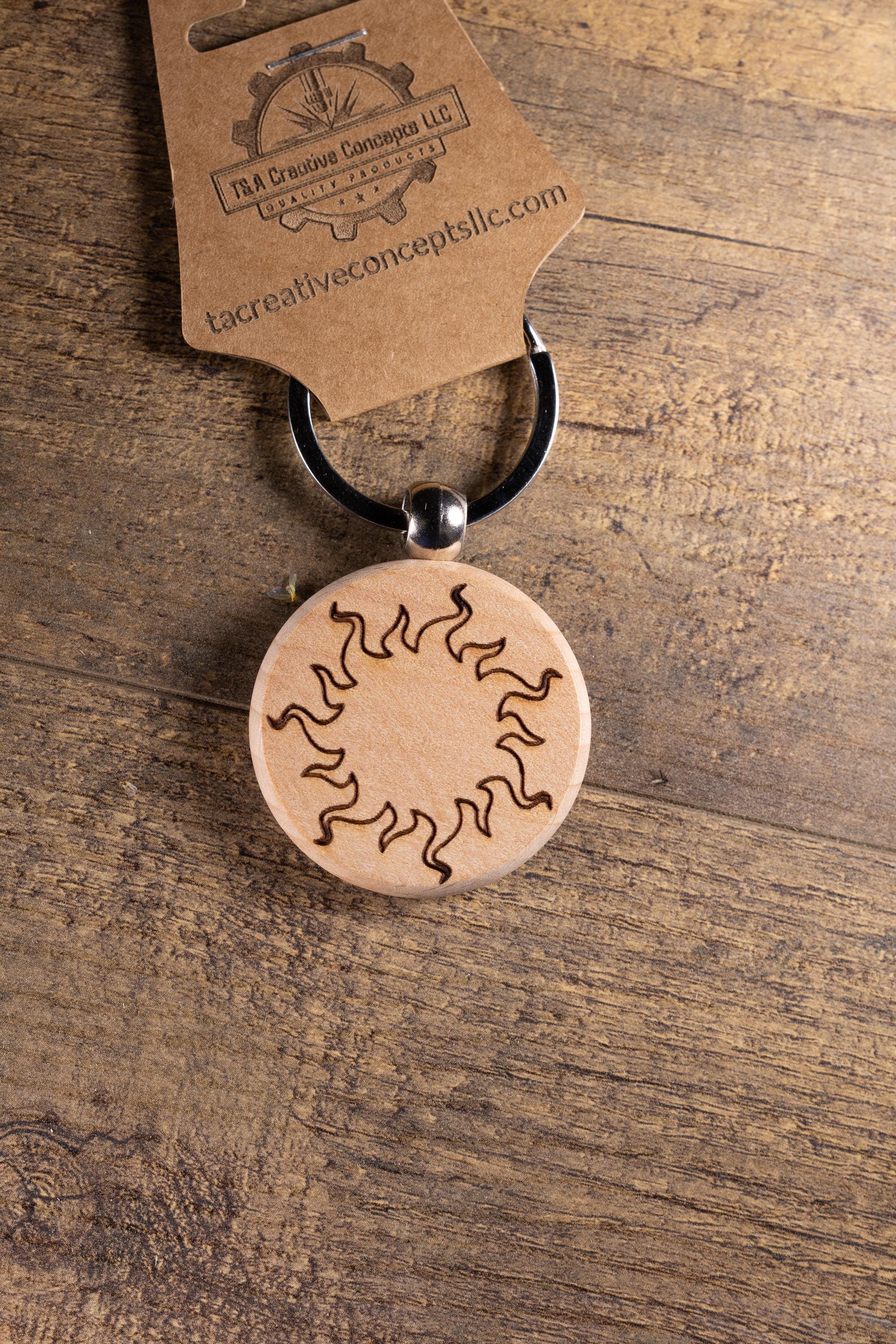 Wood Sun Keychain - Laser Engraved Solid Hardwood Charm | Stainless Steel Ring