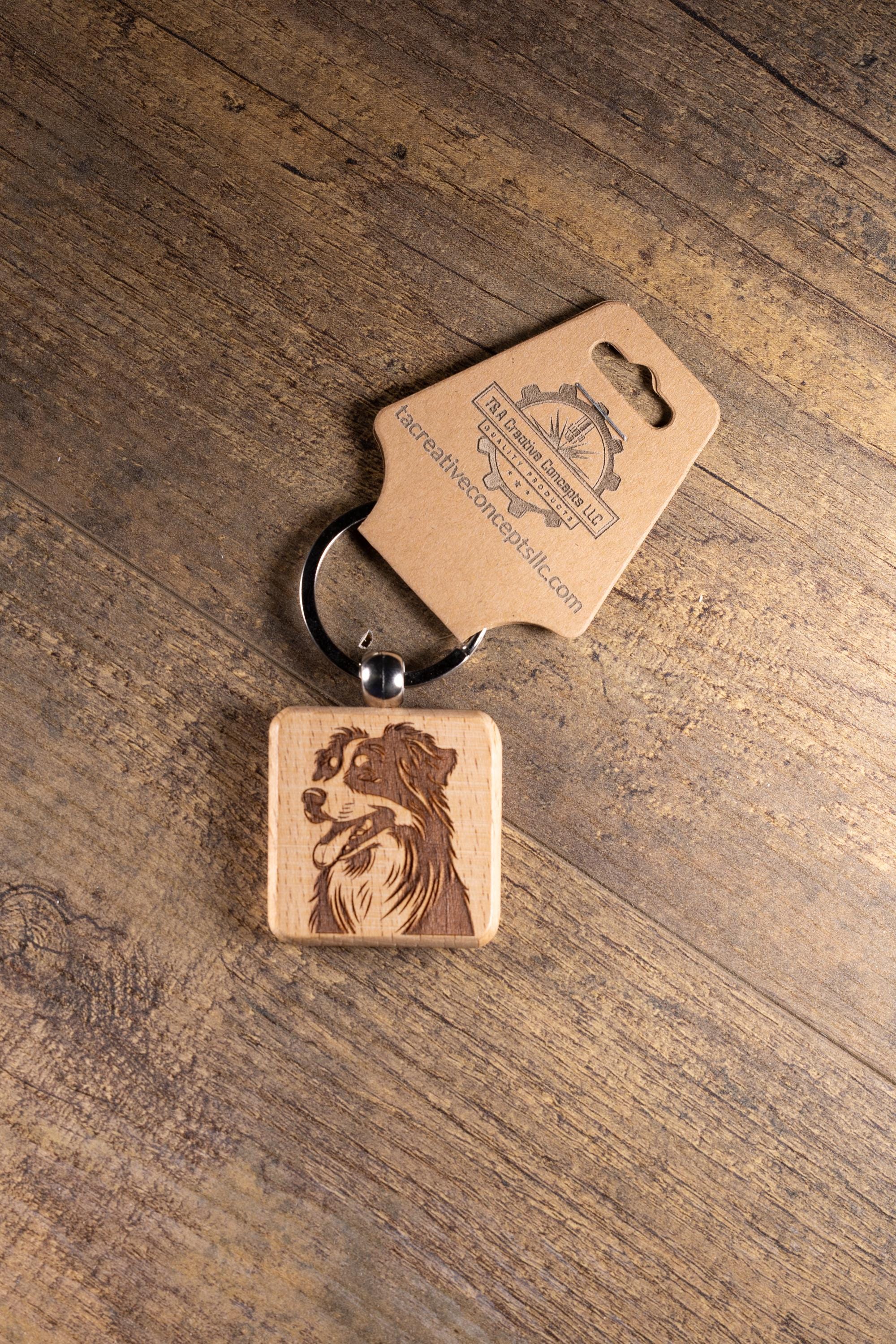Wooden Dog Keychain - Australian Shepherd Gift | Solid Hardwood Charm, Durable Stainless Steel