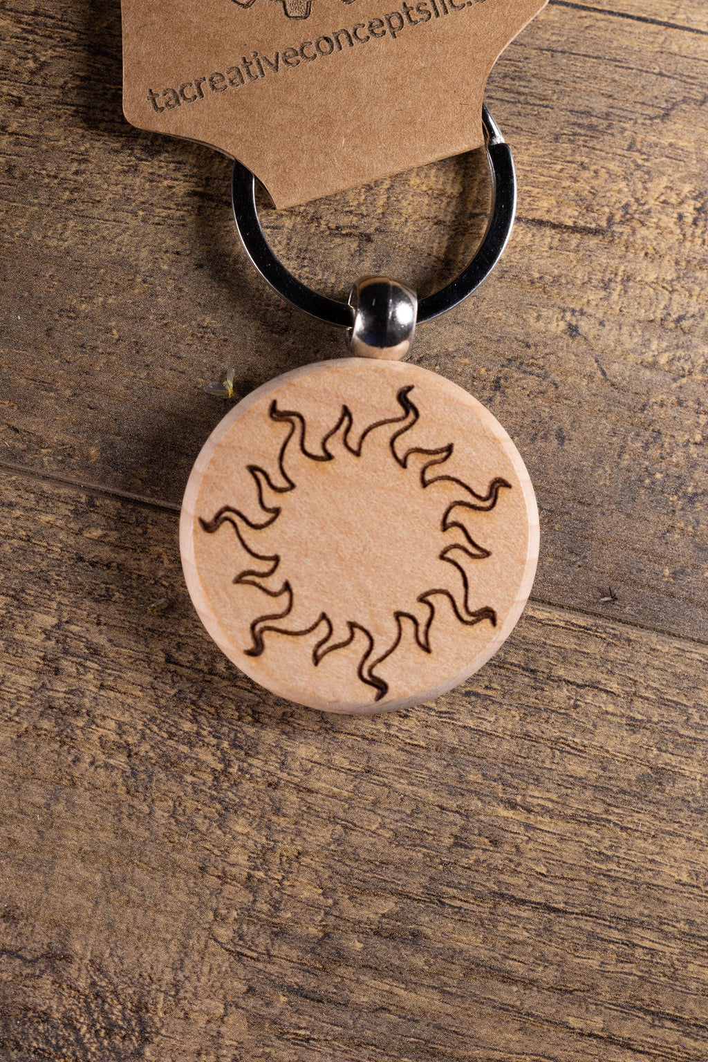 Wood Sun Keychain - Laser Engraved Solid Hardwood Charm | Stainless Steel Ring