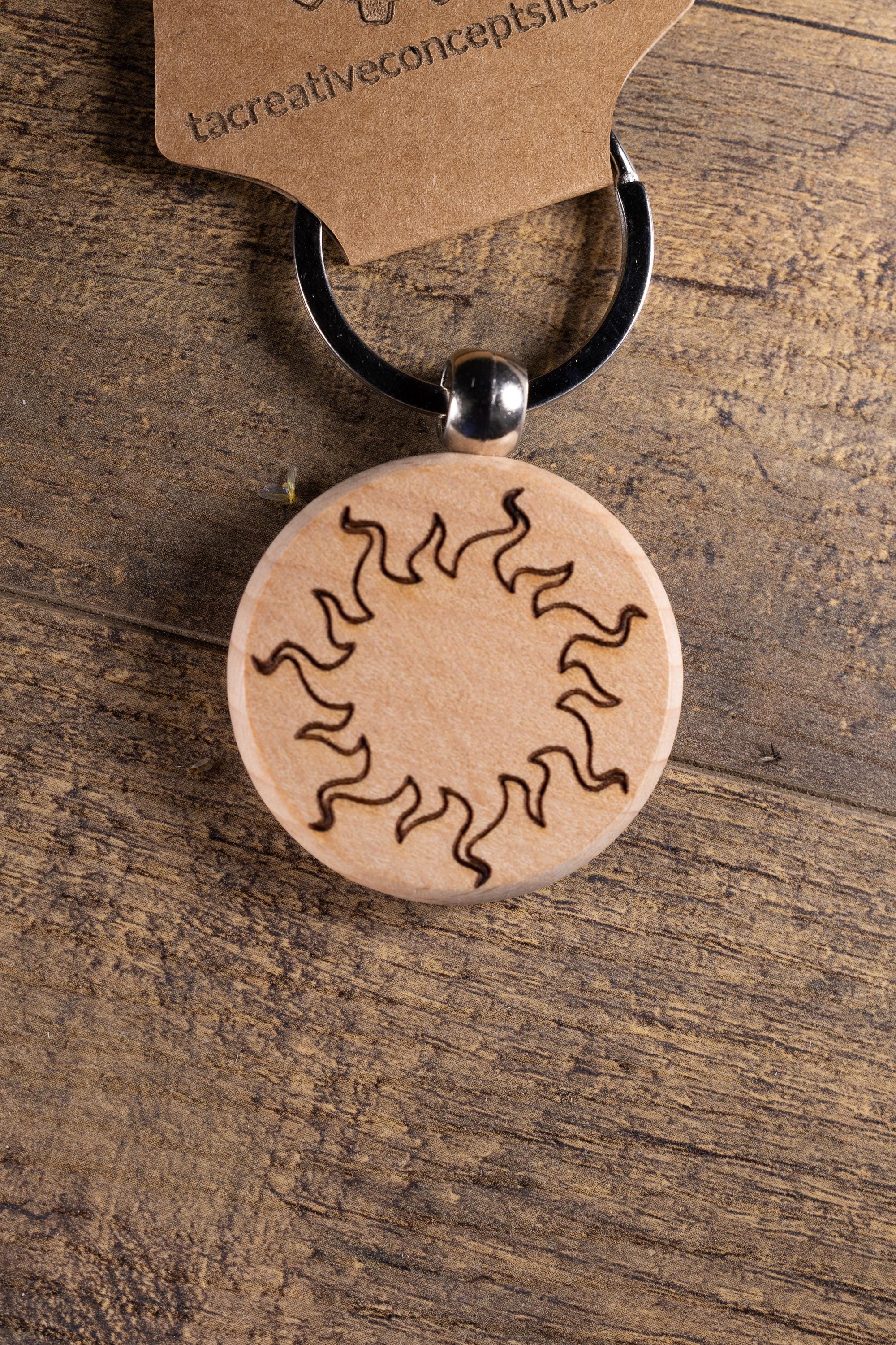 Wood Sun Keychain - Laser Engraved Solid Hardwood Charm | Stainless Steel Ring