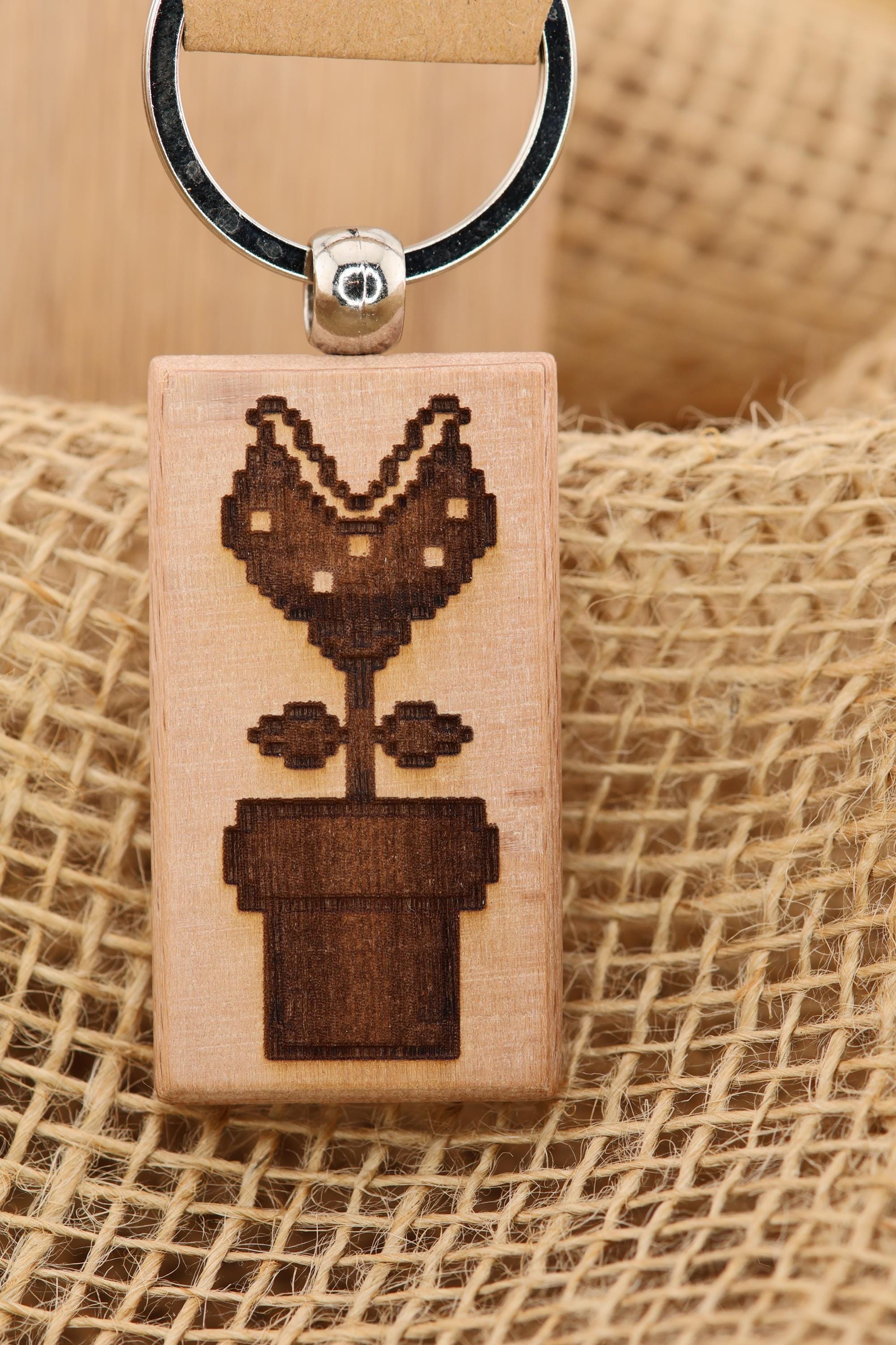 Mario Bros Keychain – Double Sided Laser Engraved Hardwood Piranha Plant Accessory