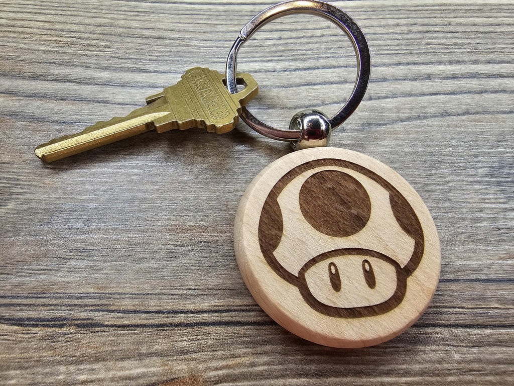 Mario Mushroom Keychain - Laser Engraved Hardwood Double Sided Power Up Keyring