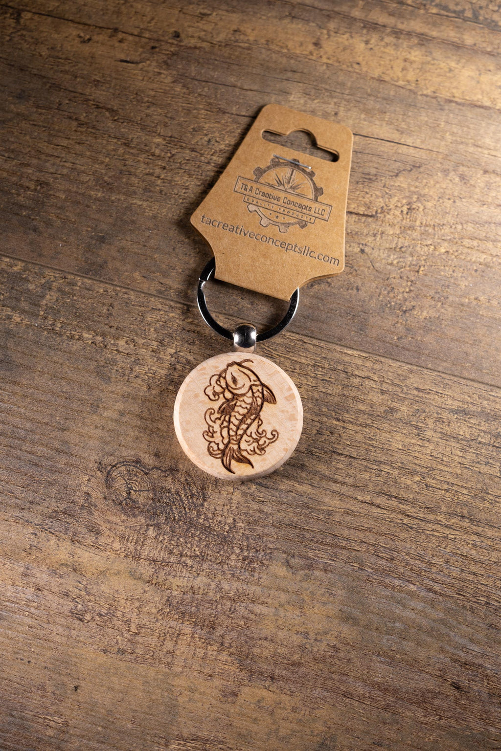 Koi Fish Keychain – Laser Engraved Hardwood With Stainless Steel Ring, Natural Finish