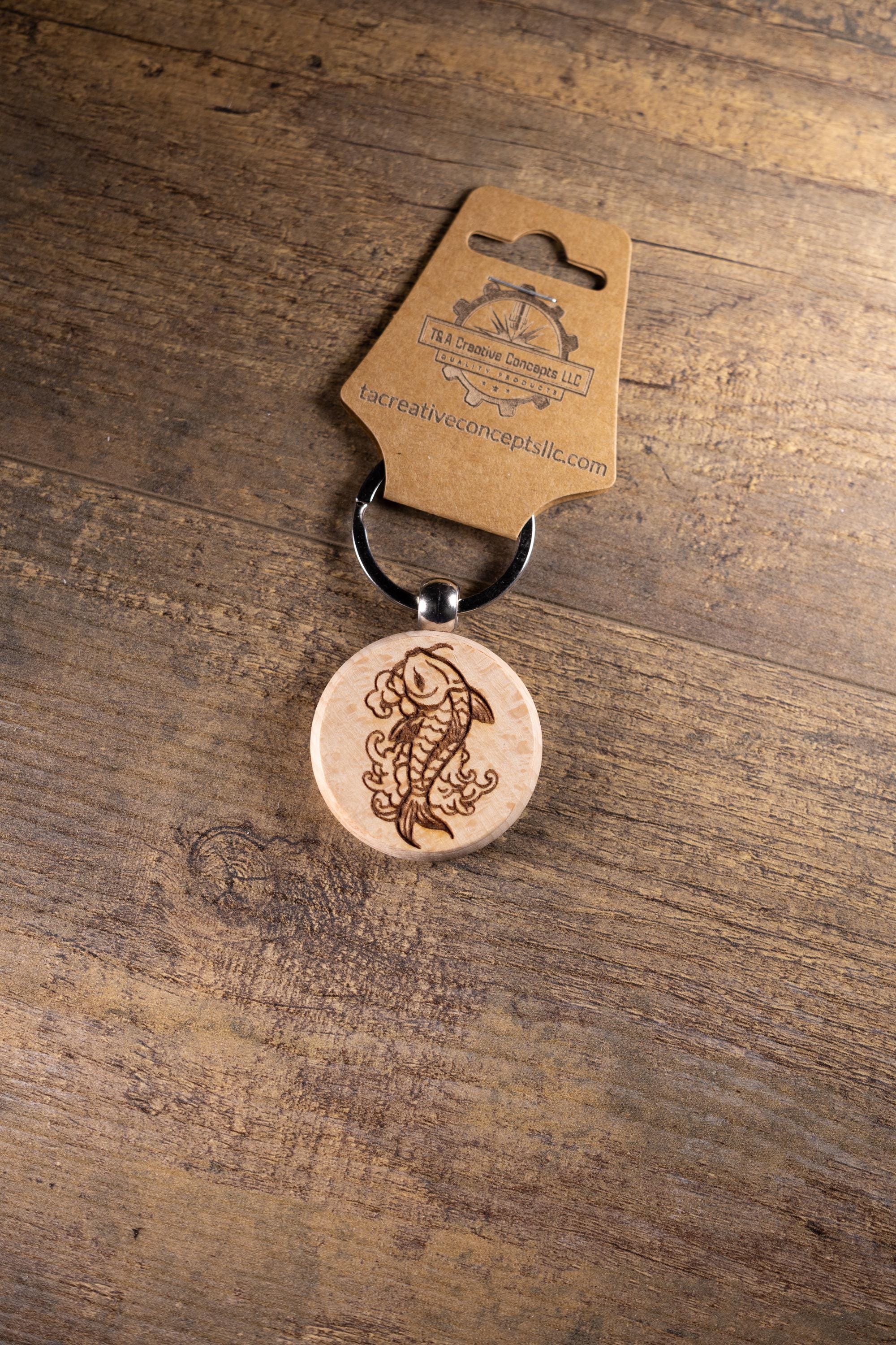 Koi Fish Keychain – Laser Engraved Hardwood With Stainless Steel Ring, Natural Finish
