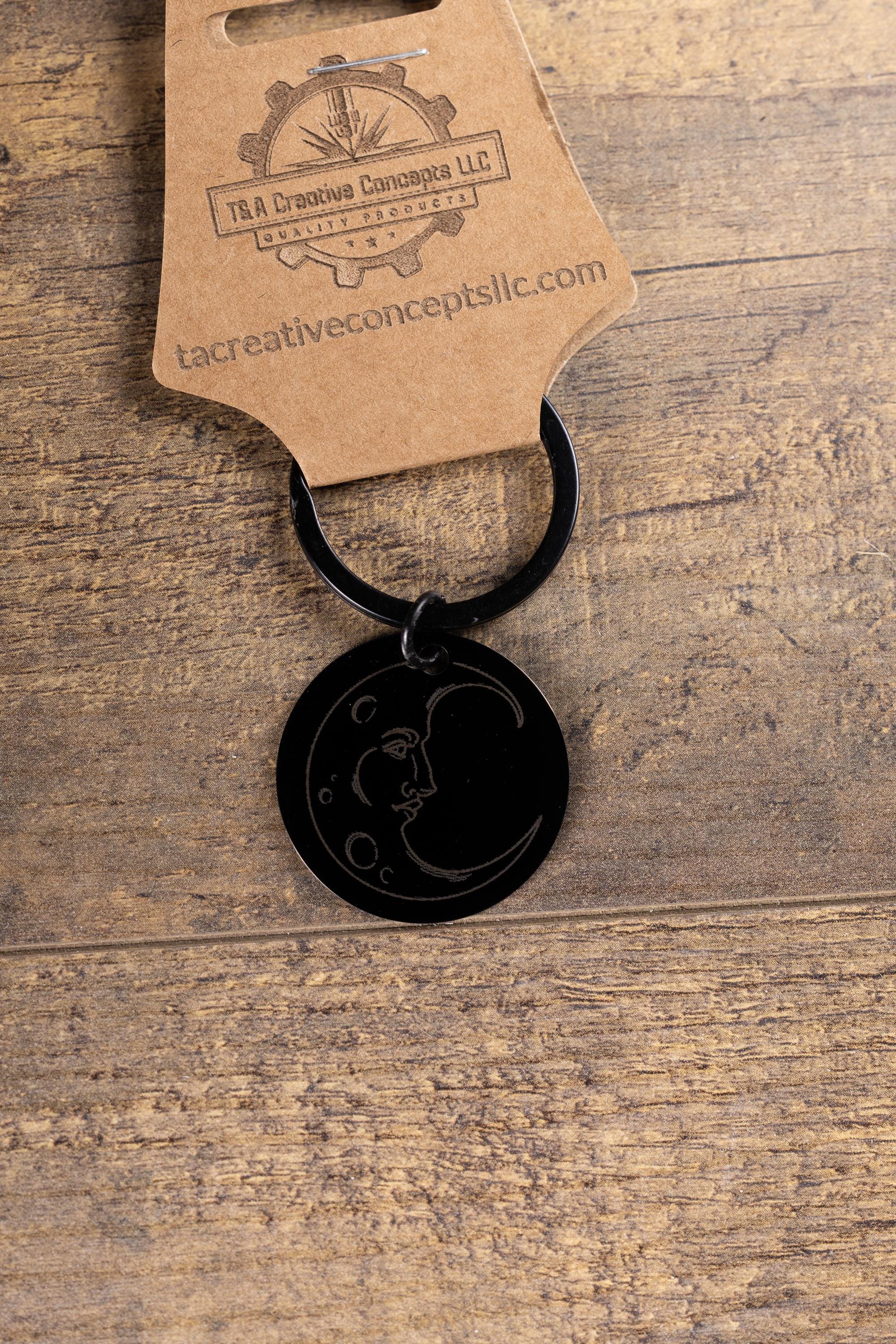 Moon Keychain – Black Stainless Steel | Laser Engraved Celestial Night Sky Accessory