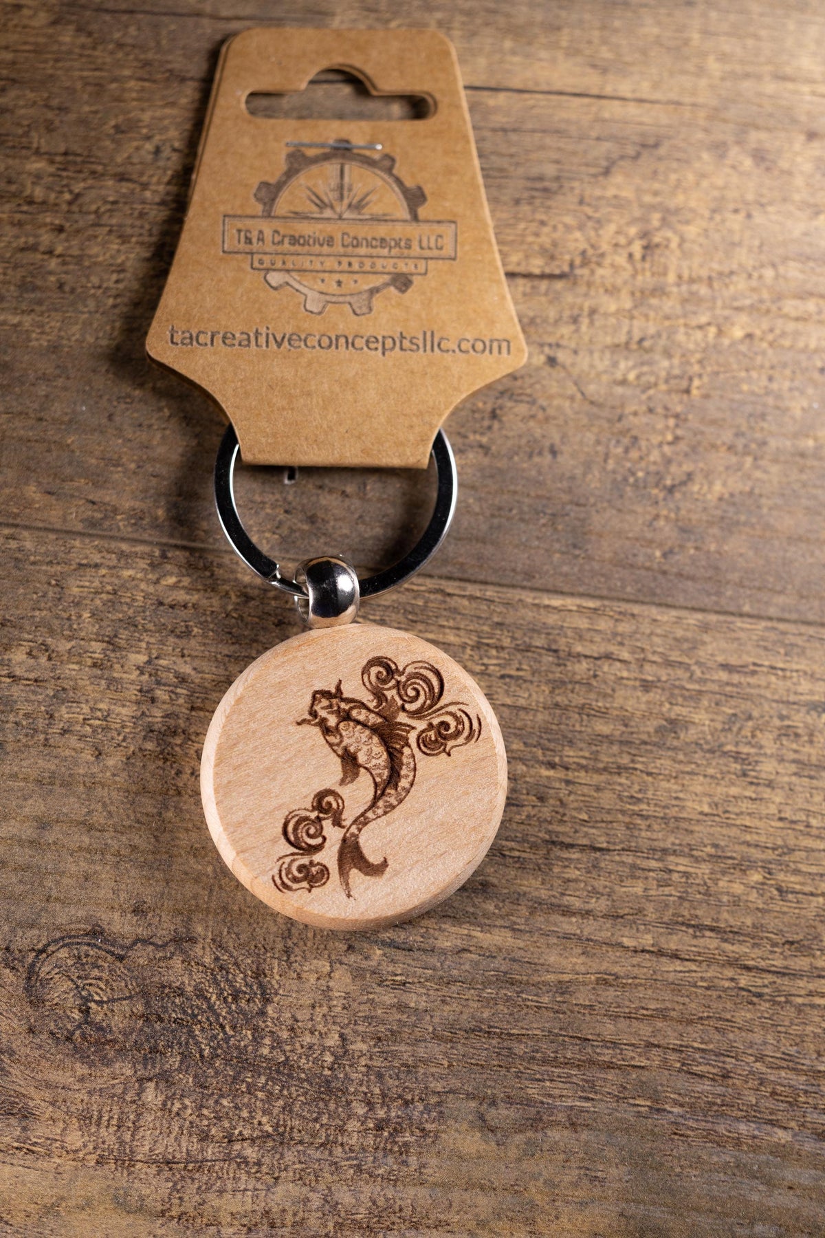 Koi Fish Keychain - Laser Engraved Hardwood Bag Charm With Stainless Steel Hardware