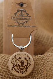 Golden Retriever Keychain - Double Sided Hardwood Dog Charm, Laser Engraved