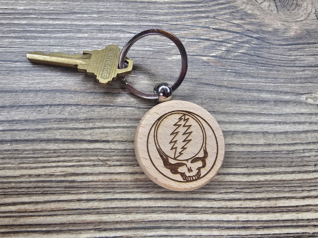 Deadhead Wood Keychain – Double Sided Laser Engraved Steal Your Face Logo Charm