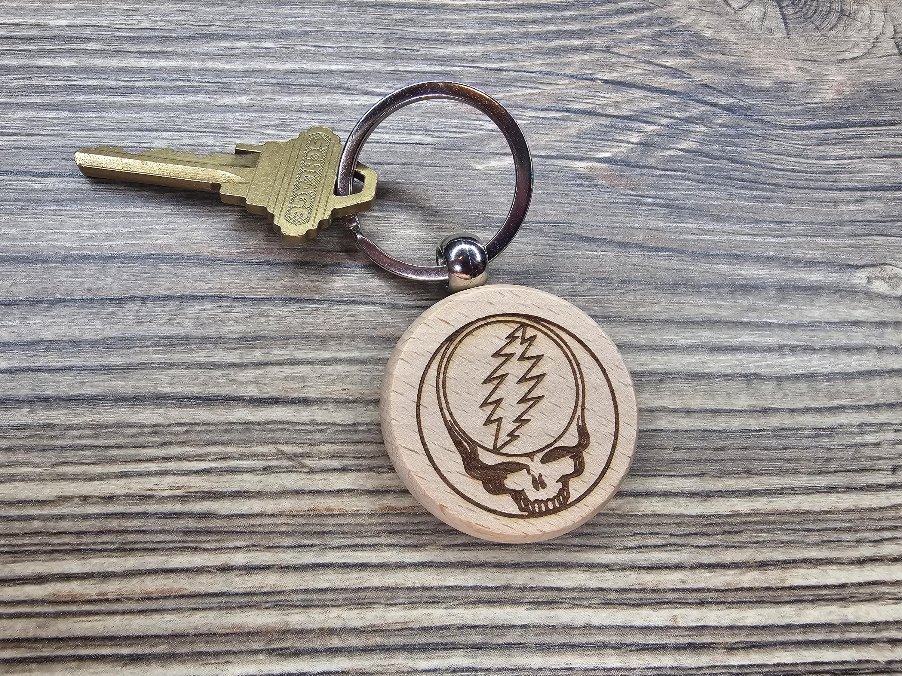 Deadhead Wood Keychain – Double Sided Laser Engraved Steal Your Face Logo Charm