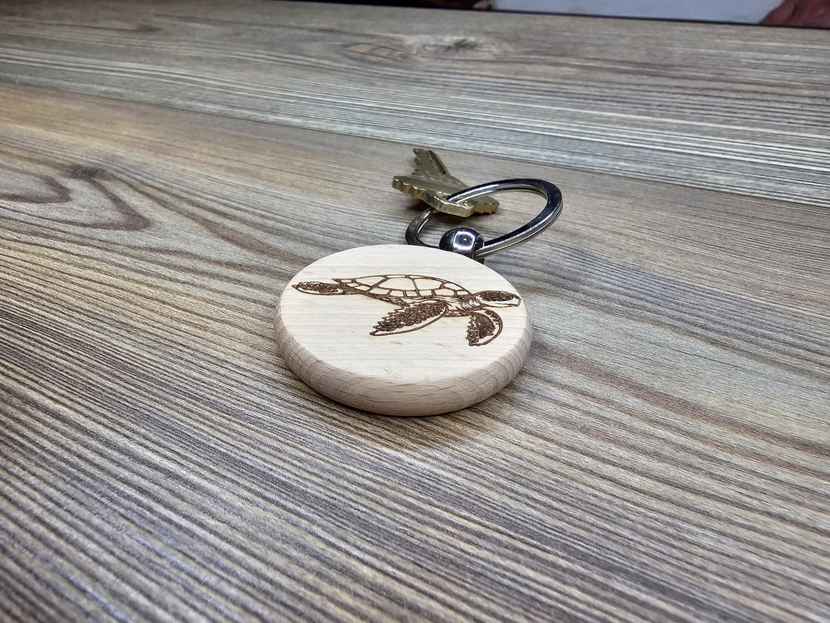 Sea Turtle Keychain – Double Sided Hardwood Charm with Rust Resistant Ring