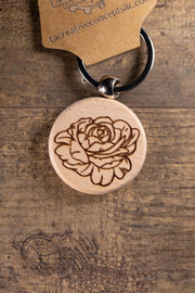 Peony Wood Keychain – Laser Engraved Floral Design | Hardwood & Stainless Steel Ring