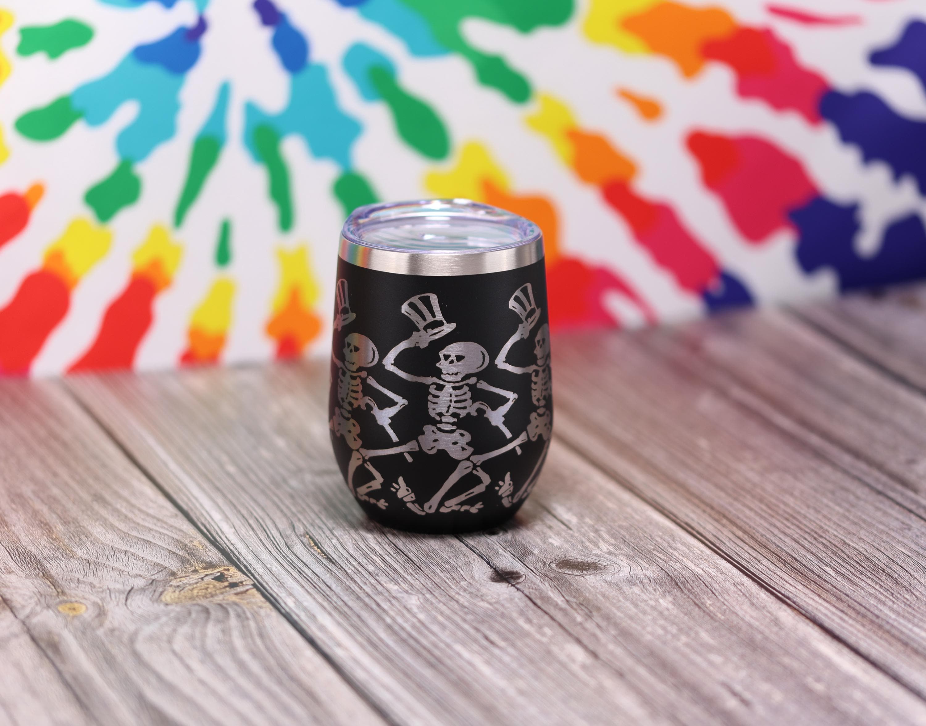 Dancing Skeleton Wine Tumbler - Laser Engraved, Double Wall Vacuum Cup, Custom Color