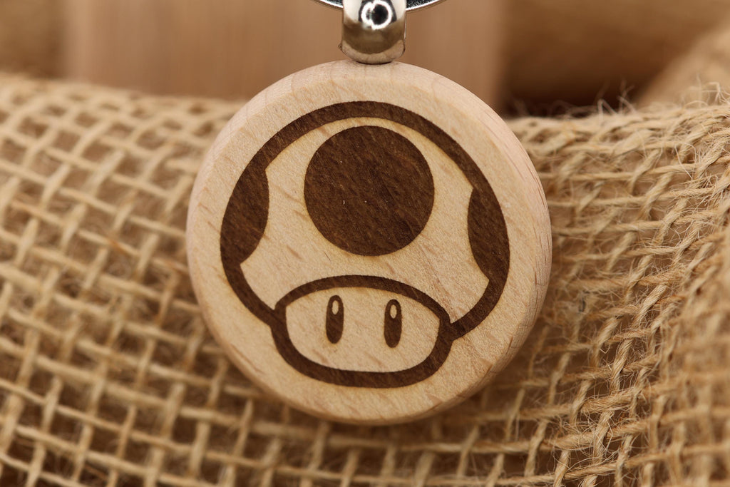 Mario Mushroom Keychain - Laser Engraved Hardwood Double Sided Power Up Keyring