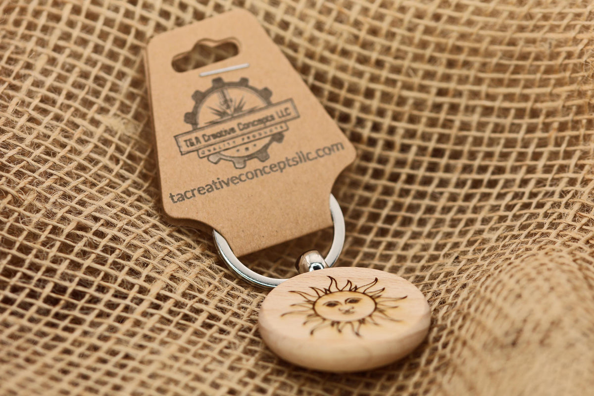 Mystical Sun Keychain - Double Sided Laser Engraved Hardwood Accessory