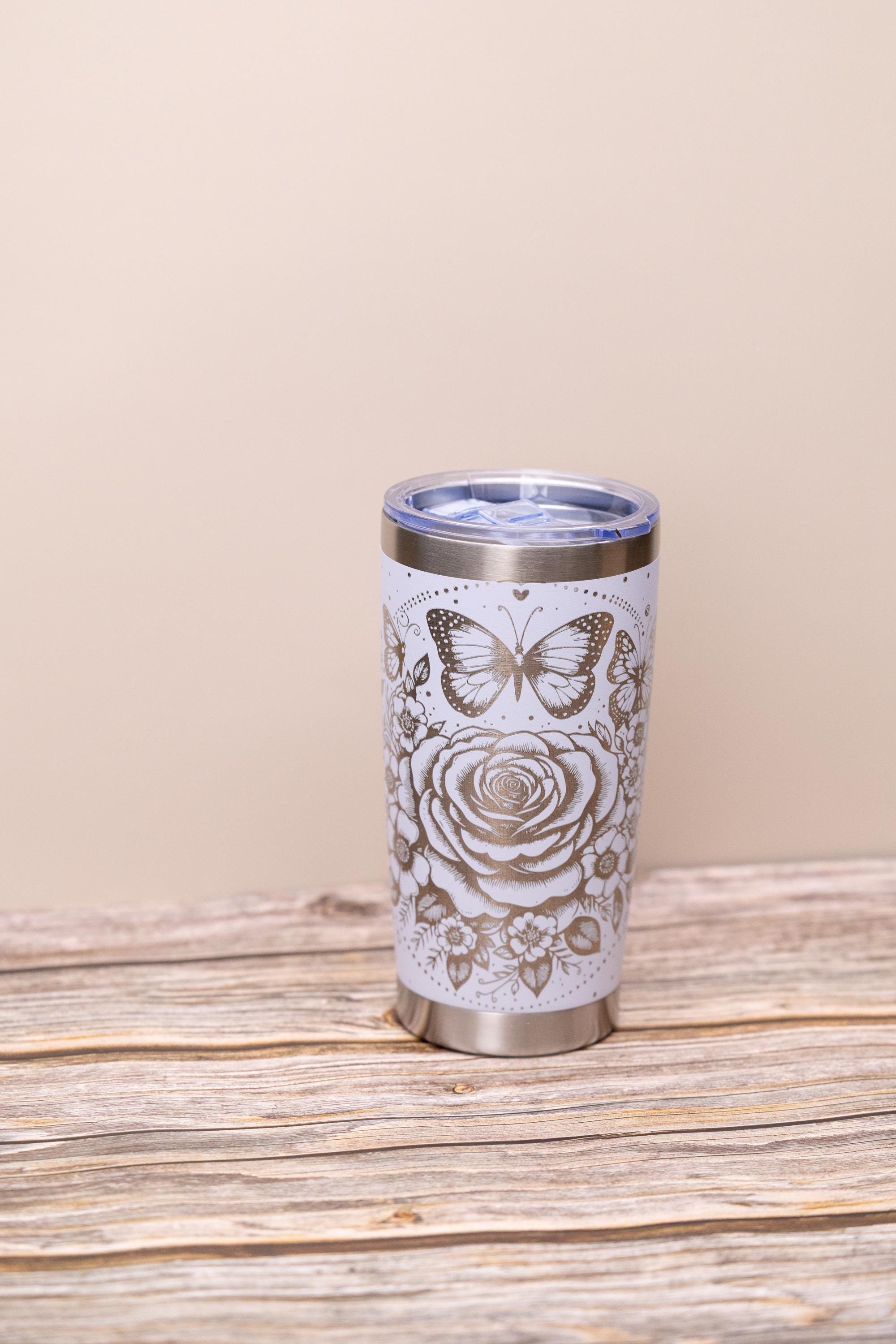 Stainless Steel Tumbler - 20oz Insulated Drinkware With Elegant Rose & Butterfly Wrap