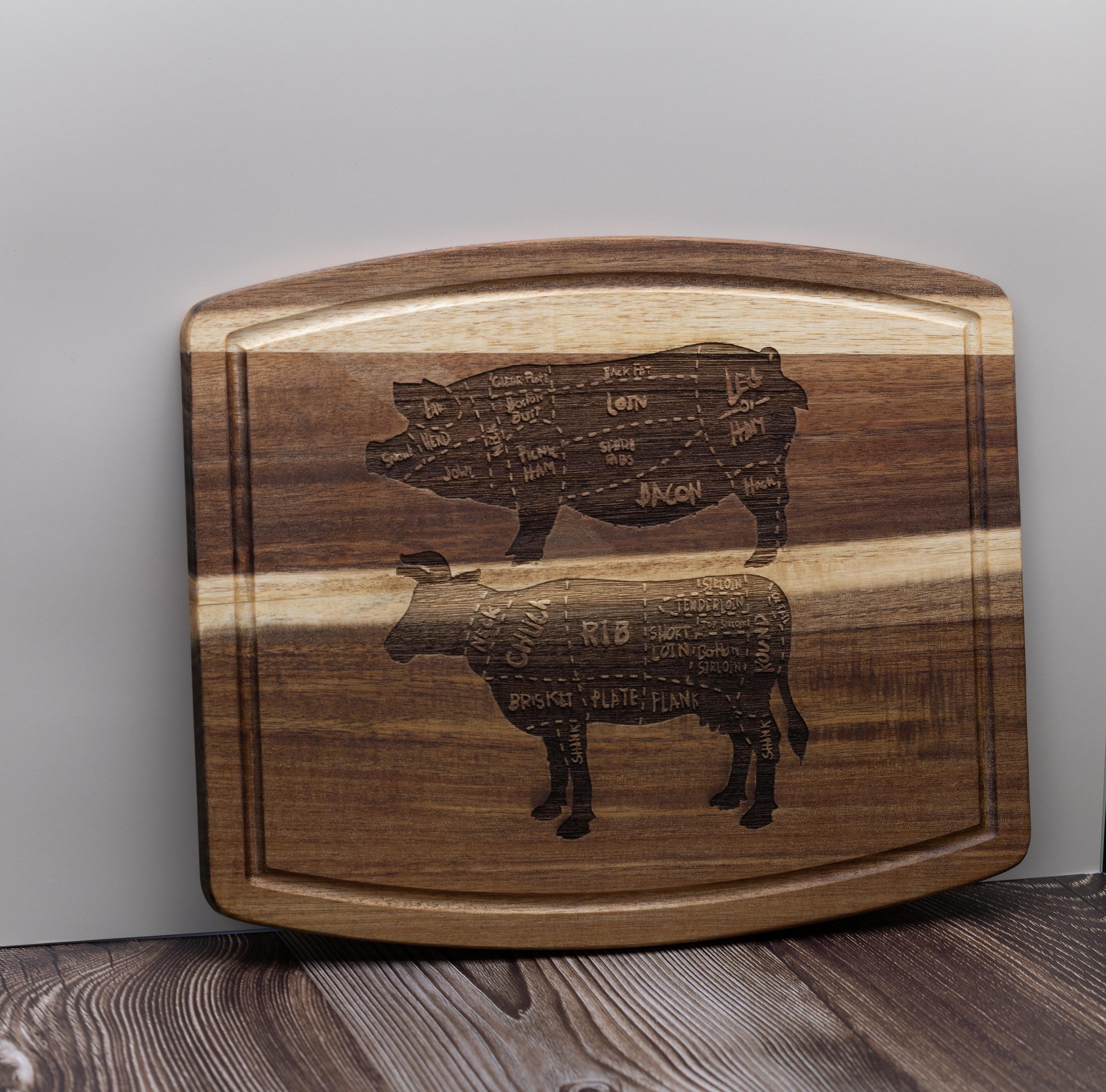 Butcher Diagram Cutting Board - Acacia Wood Pig & Cow Chart, Laser Engraved