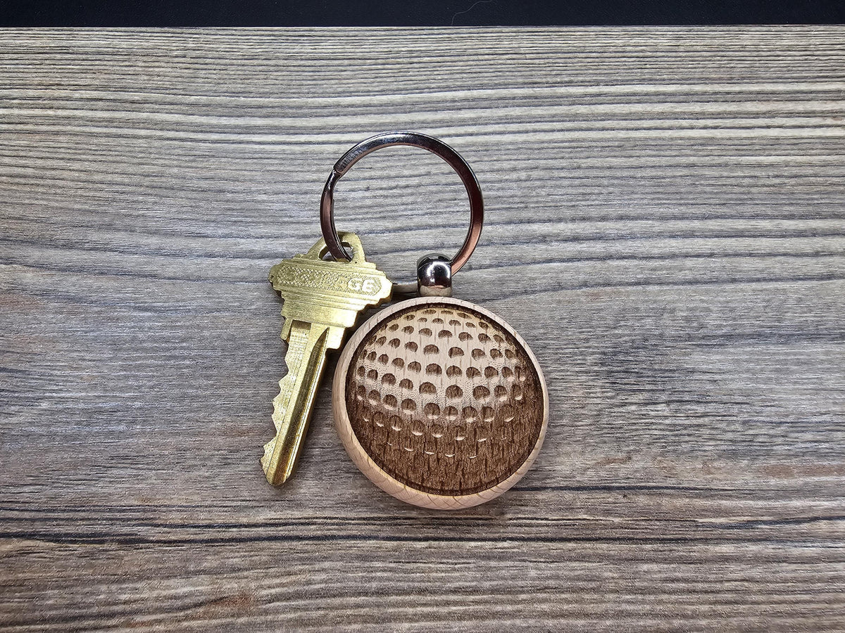 Hardwood Golf Ball Keychain – Laser Engraved Design with Stainless Steel Ring