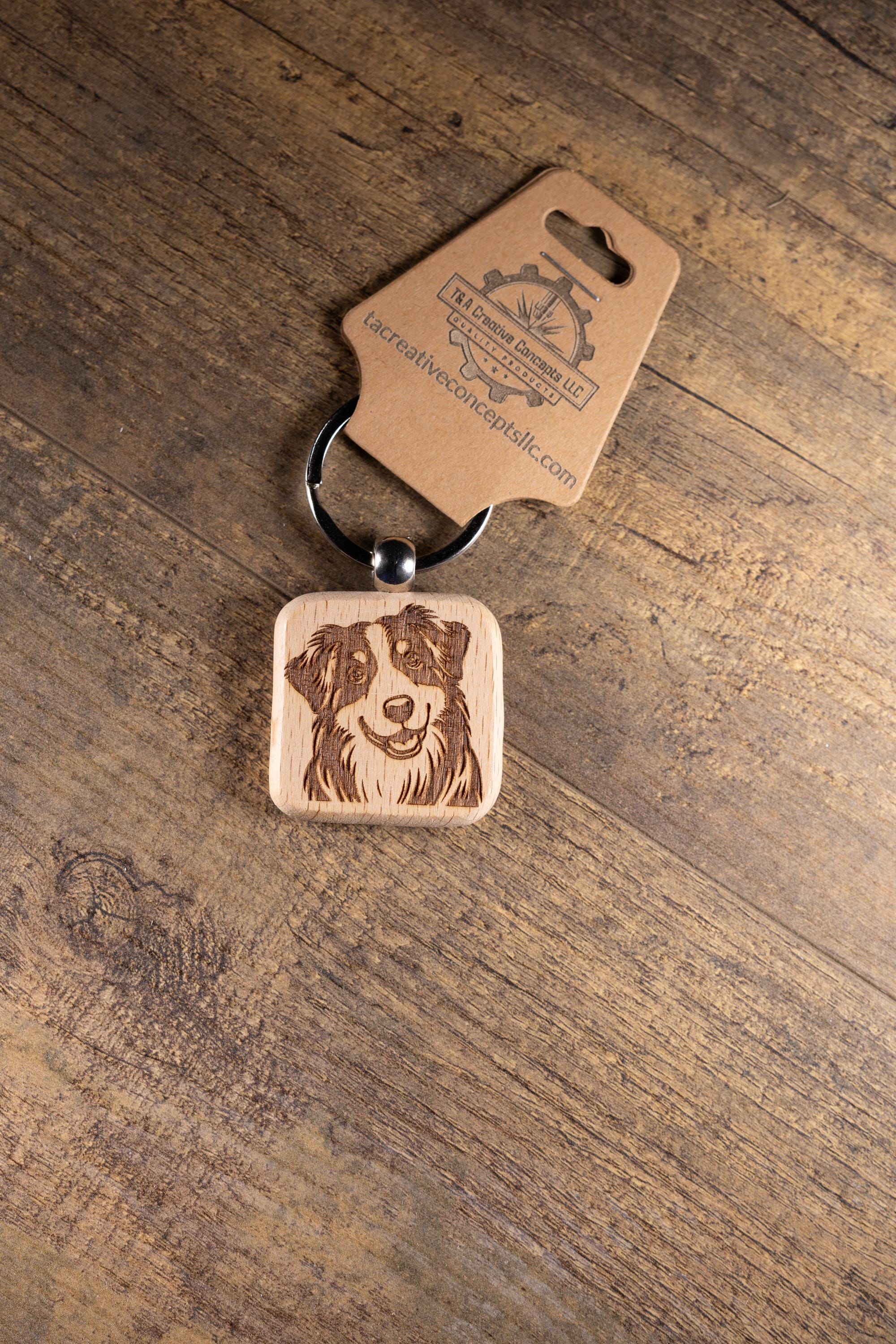Australian Shepherd Keychain – Laser Engraved Hardwood Dog Lover Gift Idea