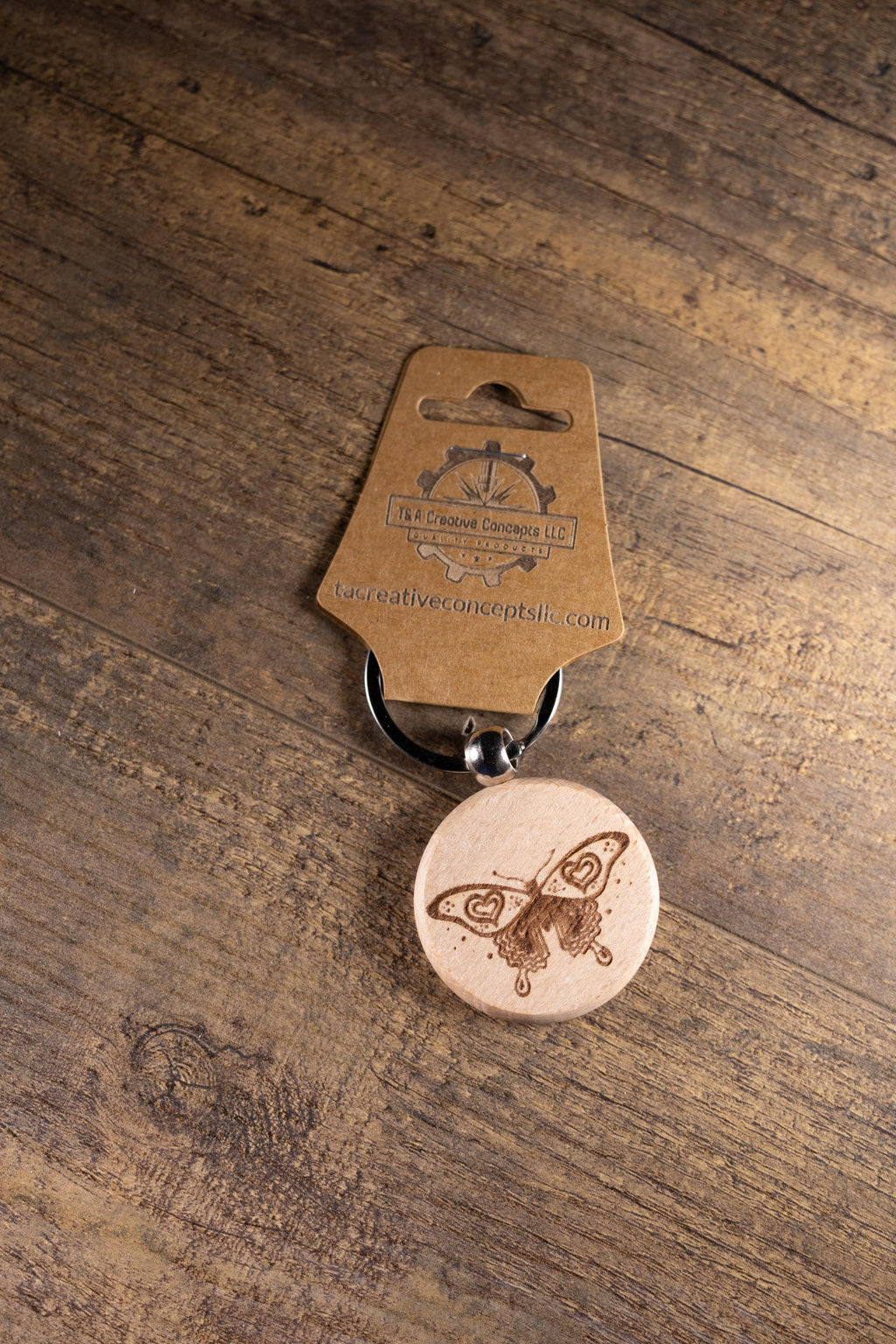 Laser Engraved Keychain - Solid Hardwood Butterfly Bag Charm with Stainless Steel Ring