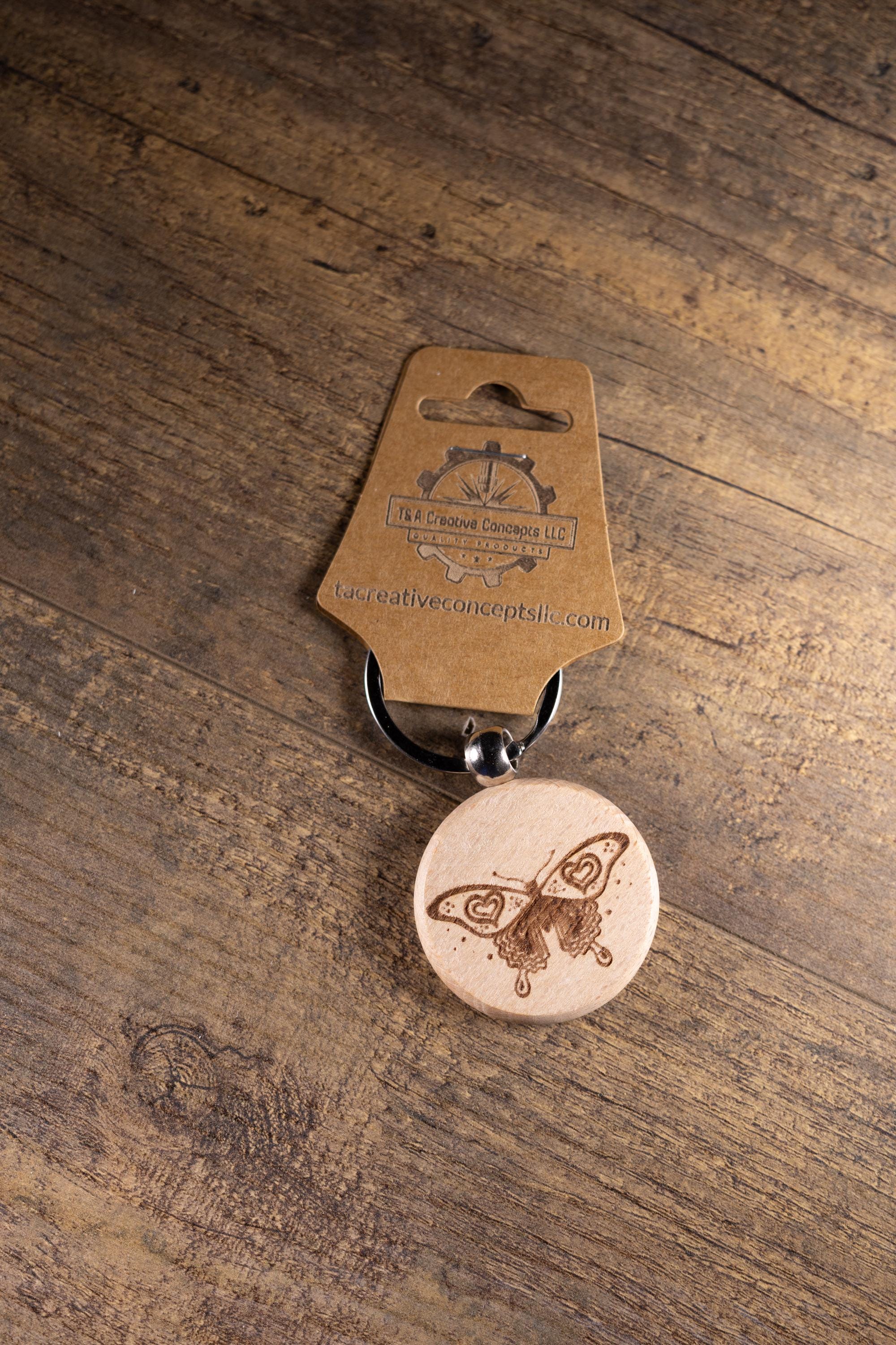 Laser Engraved Keychain - Solid Hardwood Butterfly Bag Charm with Stainless Steel Ring
