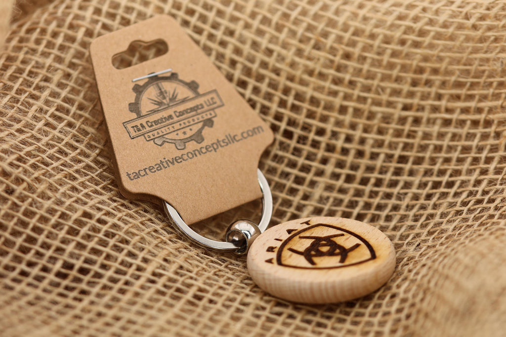 Ariat Wood Keychain - Double Sided Engraved Charm With Rust Resistant Ring