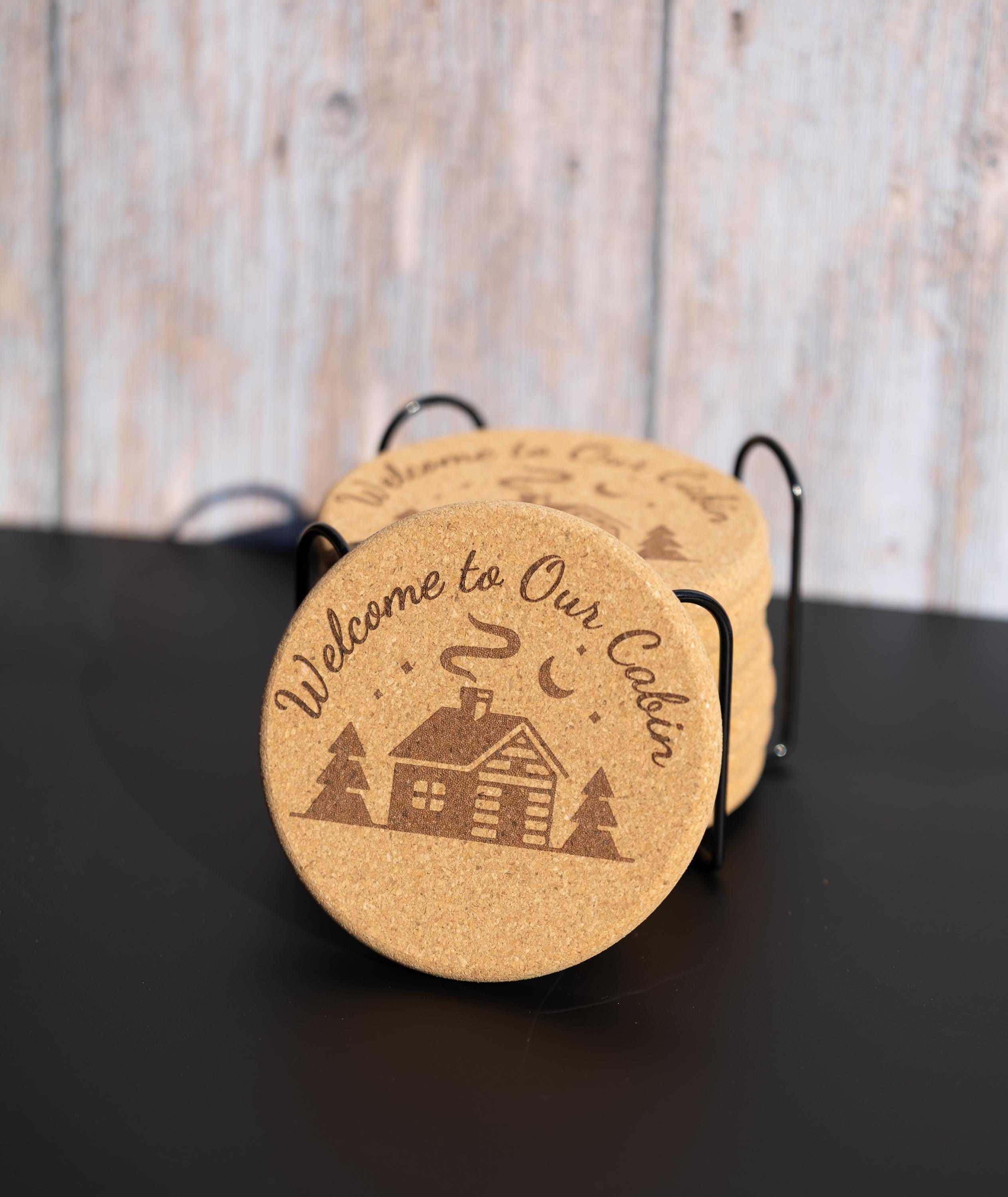 Rustic Cork Coasters - Welcome Cabin Coaster Set of 8 with Holder | Engraved Drink Mats