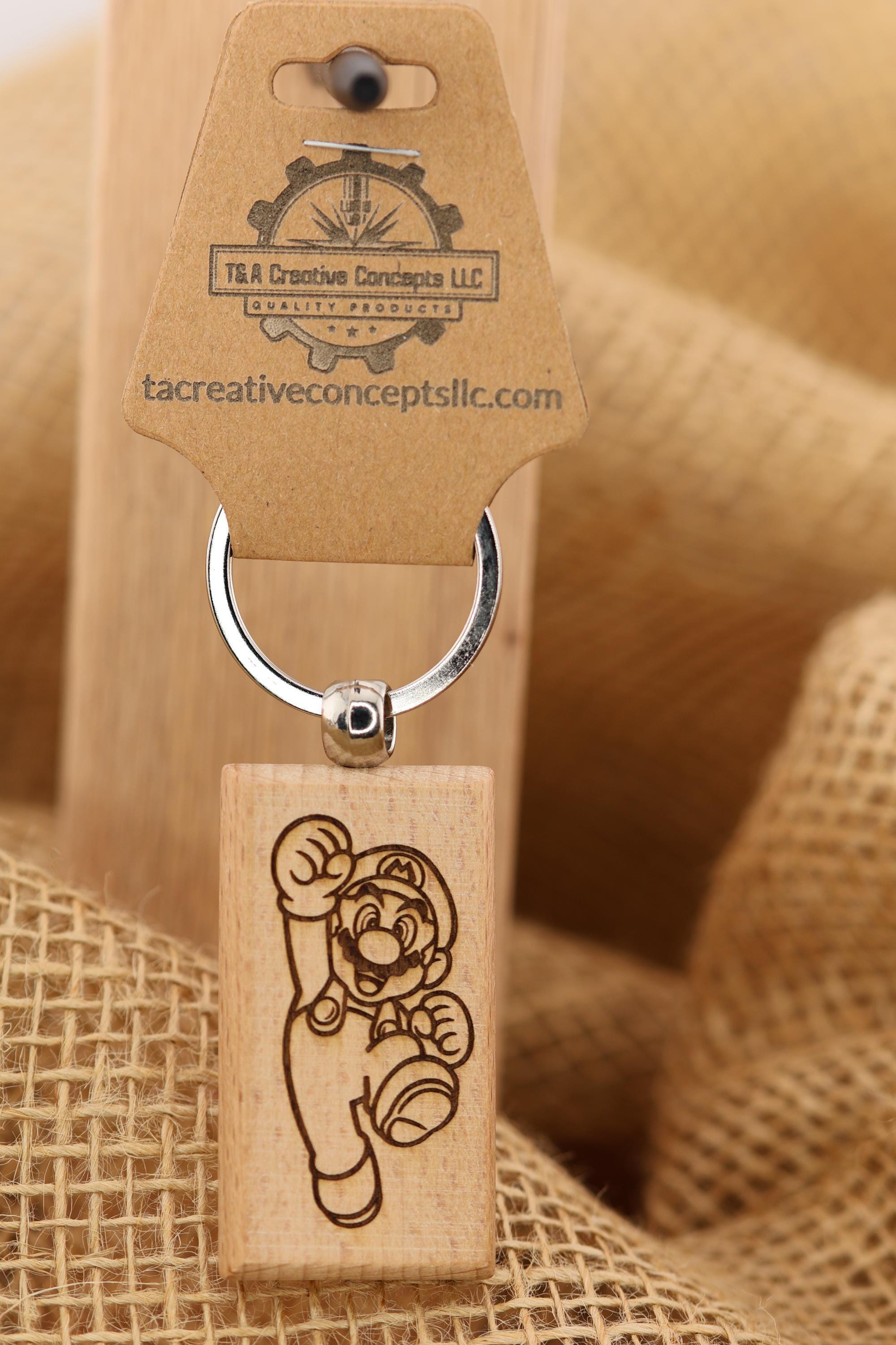 Mario Hardwood Keychain – Double Sided Engraved Hardwood with Stainless Steel Ring