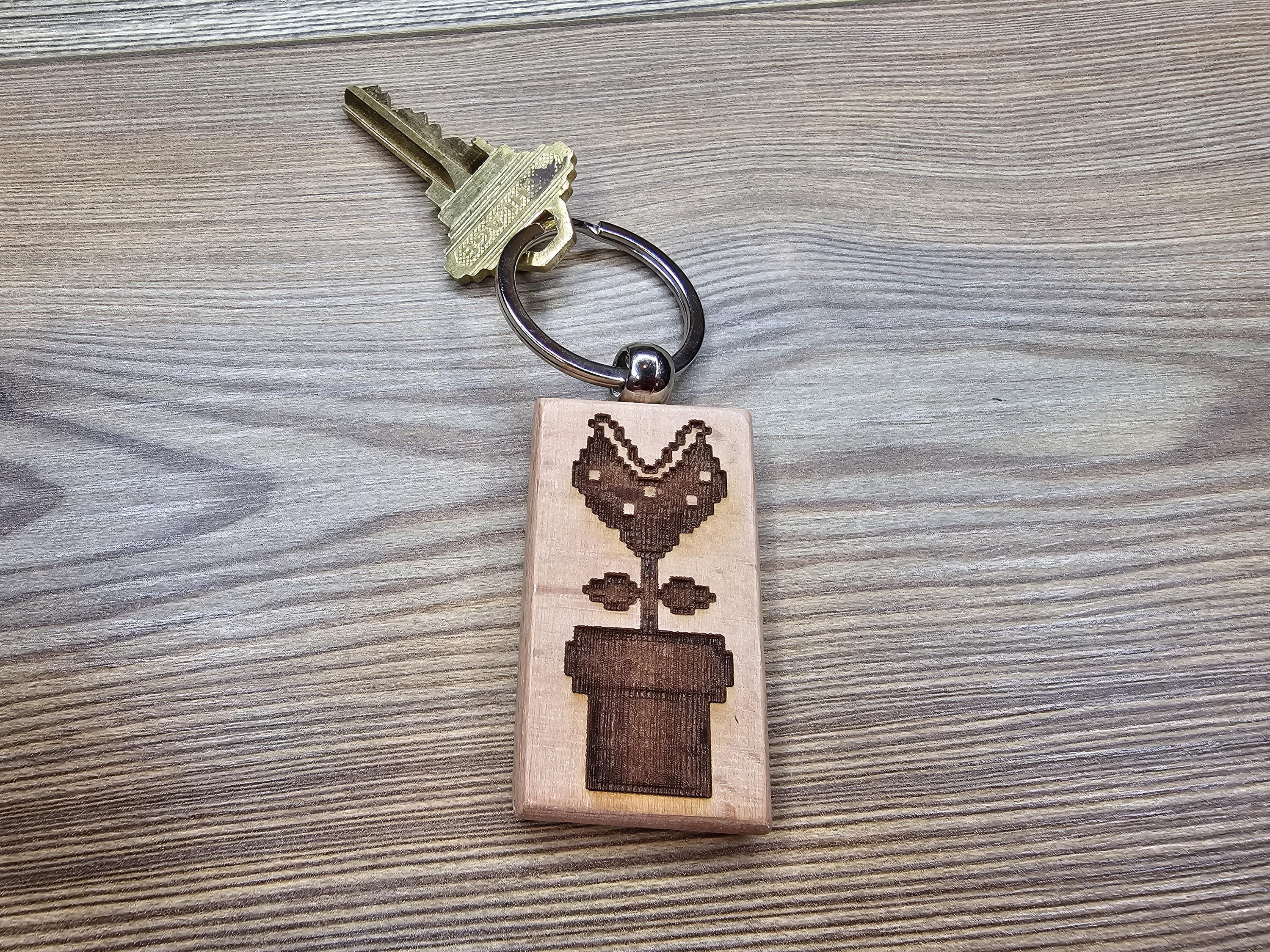 Mario Bros Keychain – Double Sided Laser Engraved Hardwood Piranha Plant Accessory