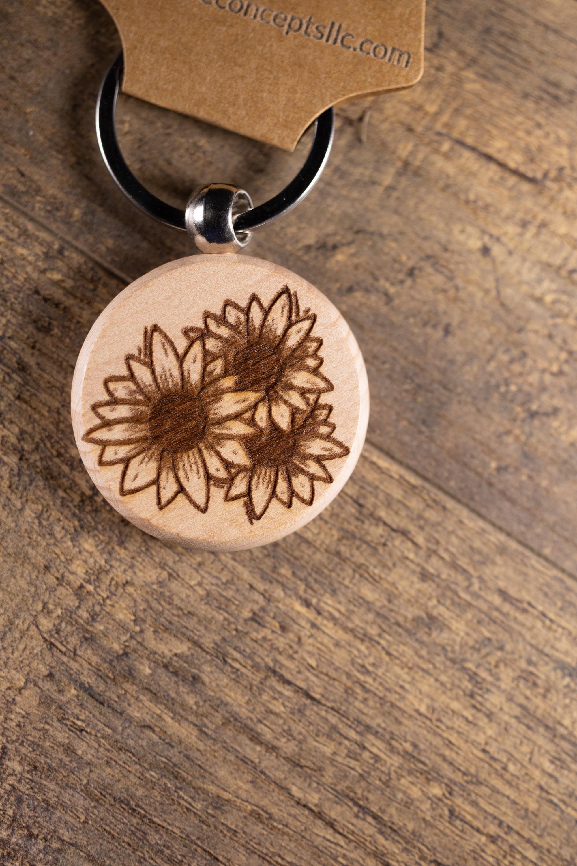 Sunflower Wood Keychain - Laser Engraved Hardwood With Stainless Steel Ring