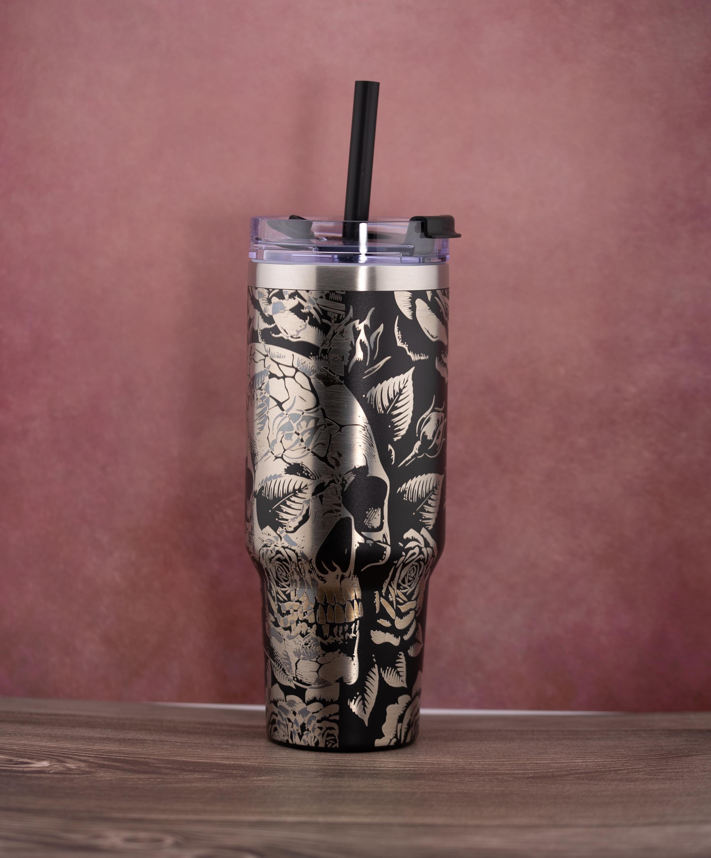 Skulls and Roses Tumbler – 40oz Double Wall Insulated Steel Cup with Powder Coat Finish