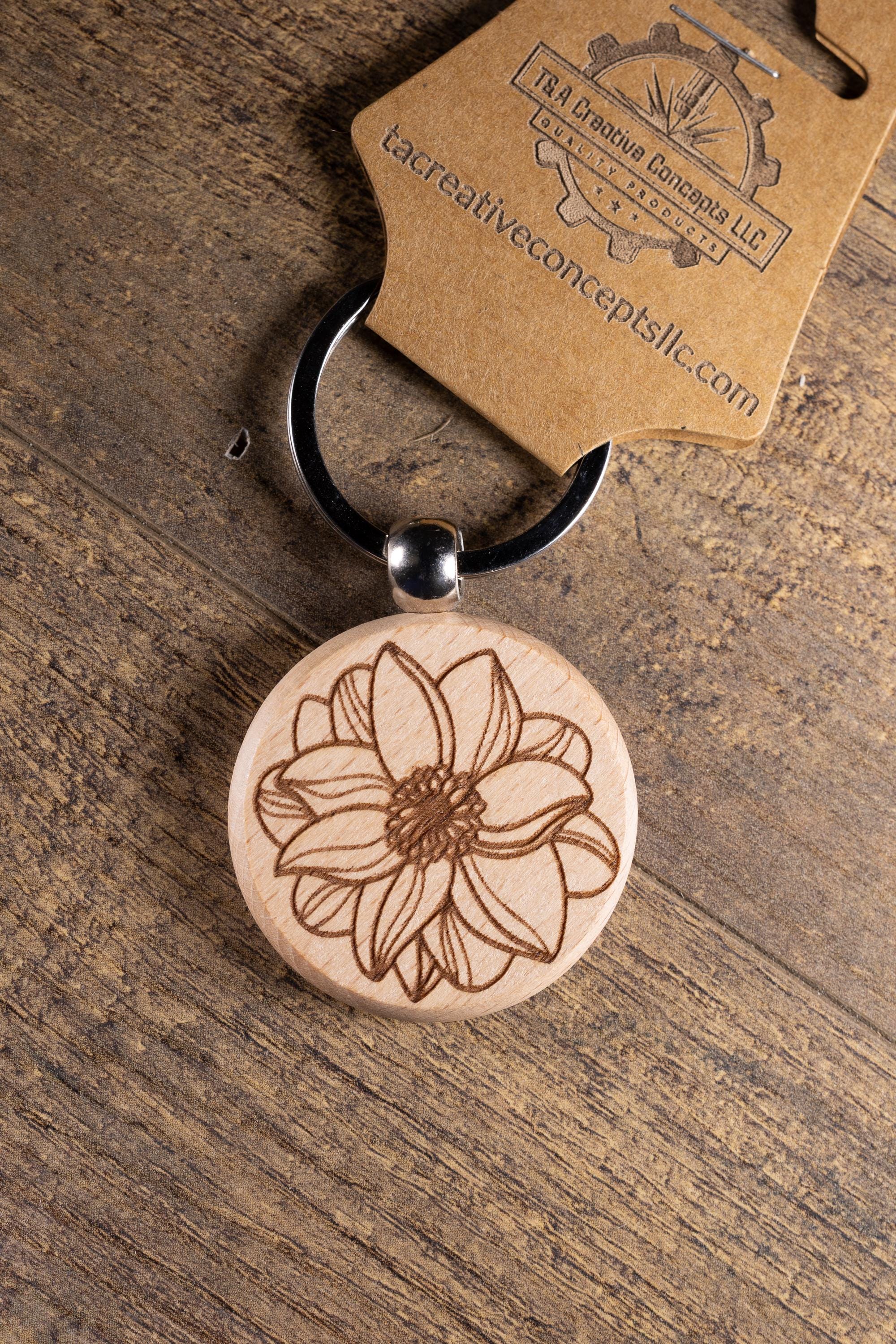 Wooden Mandala Keychain - Laser Engraved Solid Hardwood Boho Style Charm