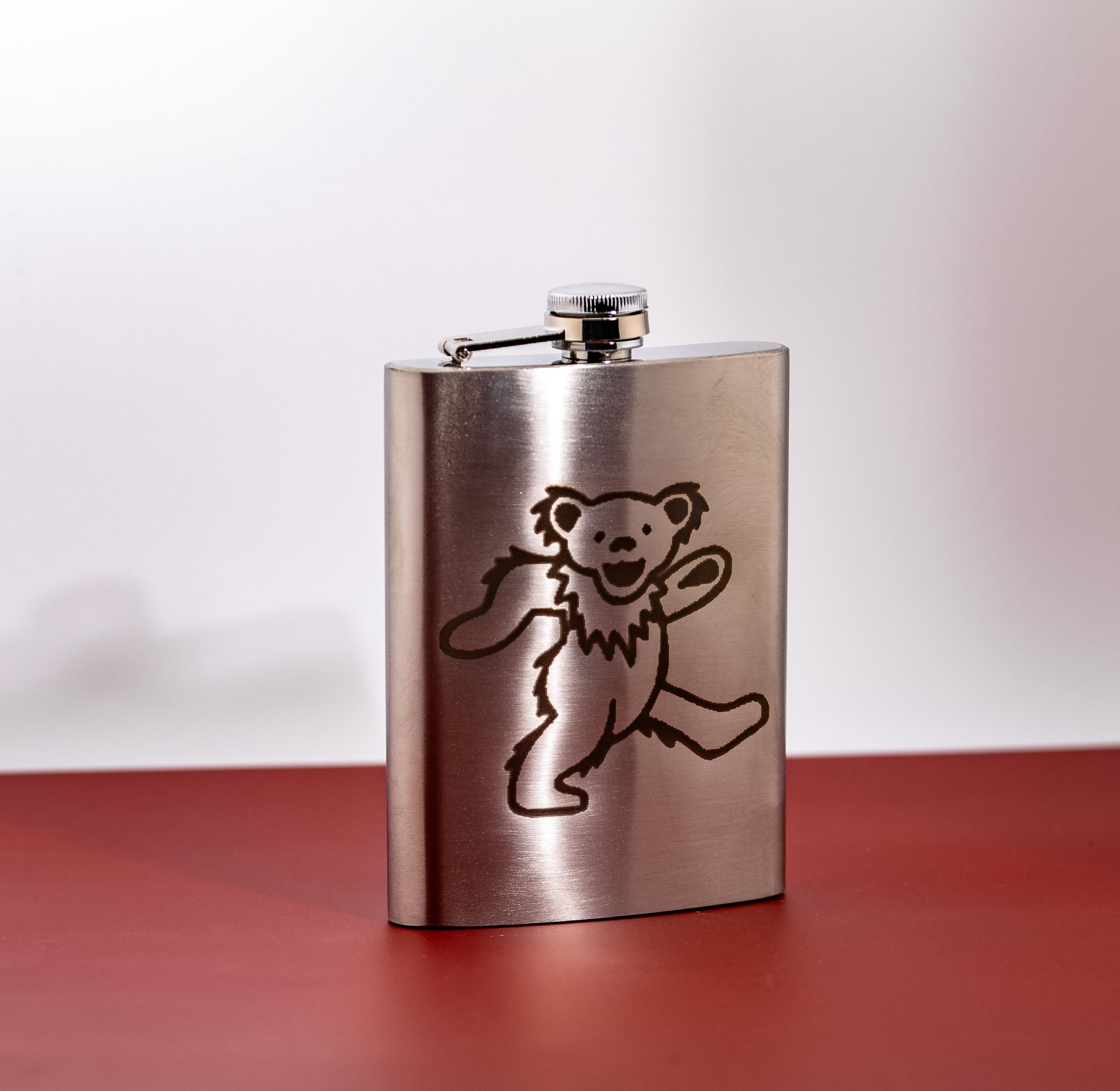 Engraved Grateful Dead Flask – 8oz Stainless Steel Dancing Bear Design, Leak-Proof