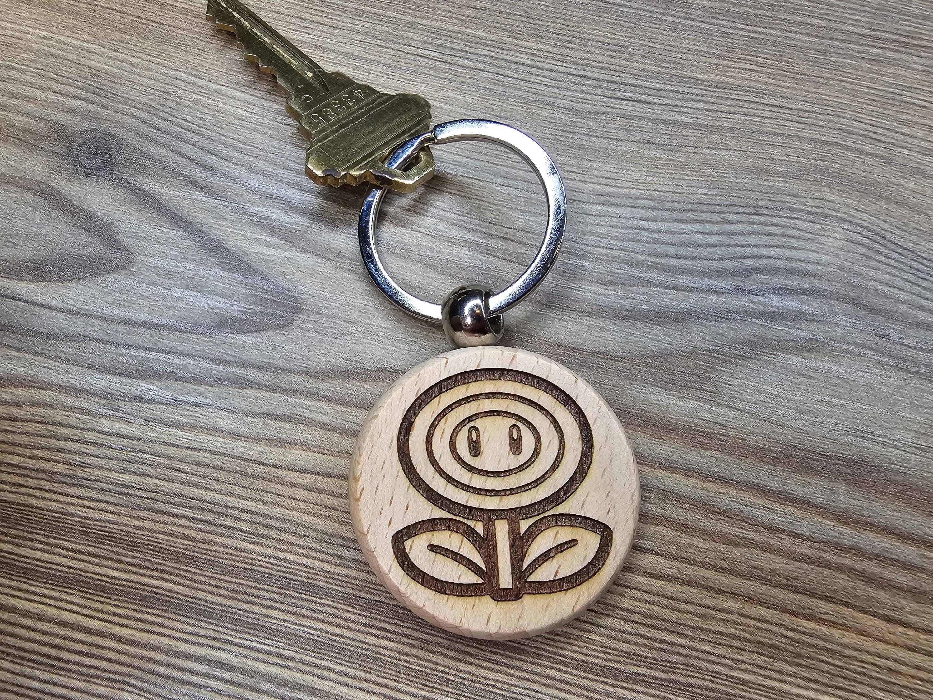 Firepower Flower Keychain - Laser Engraved Hardwood Gaming Accessory with Stainless Steel Ring