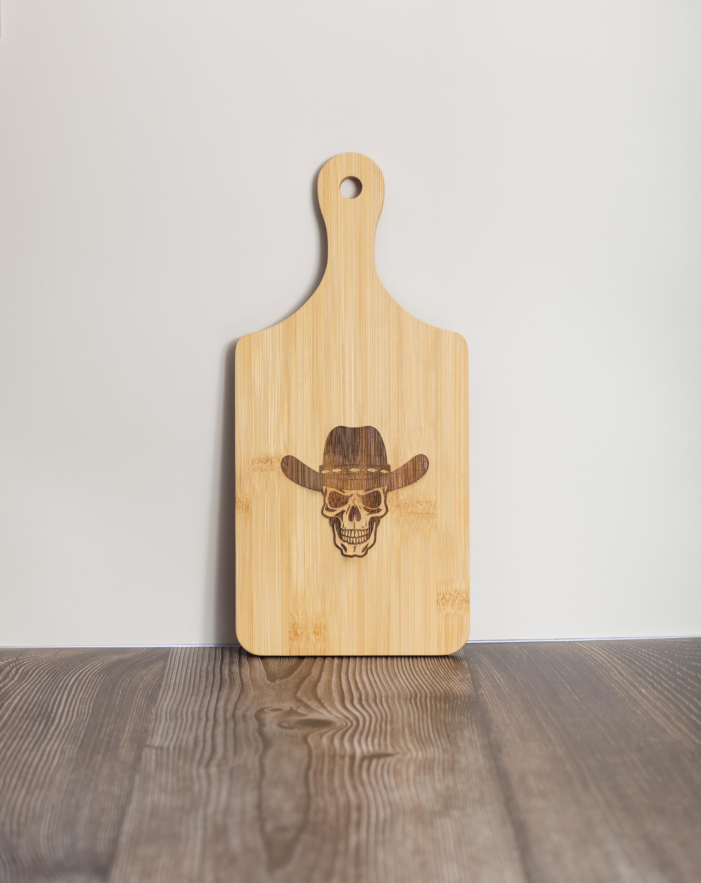 Cowboy Skull Cutting Board – Bamboo Rustic Kitchen Board With Cowboy Hat Design