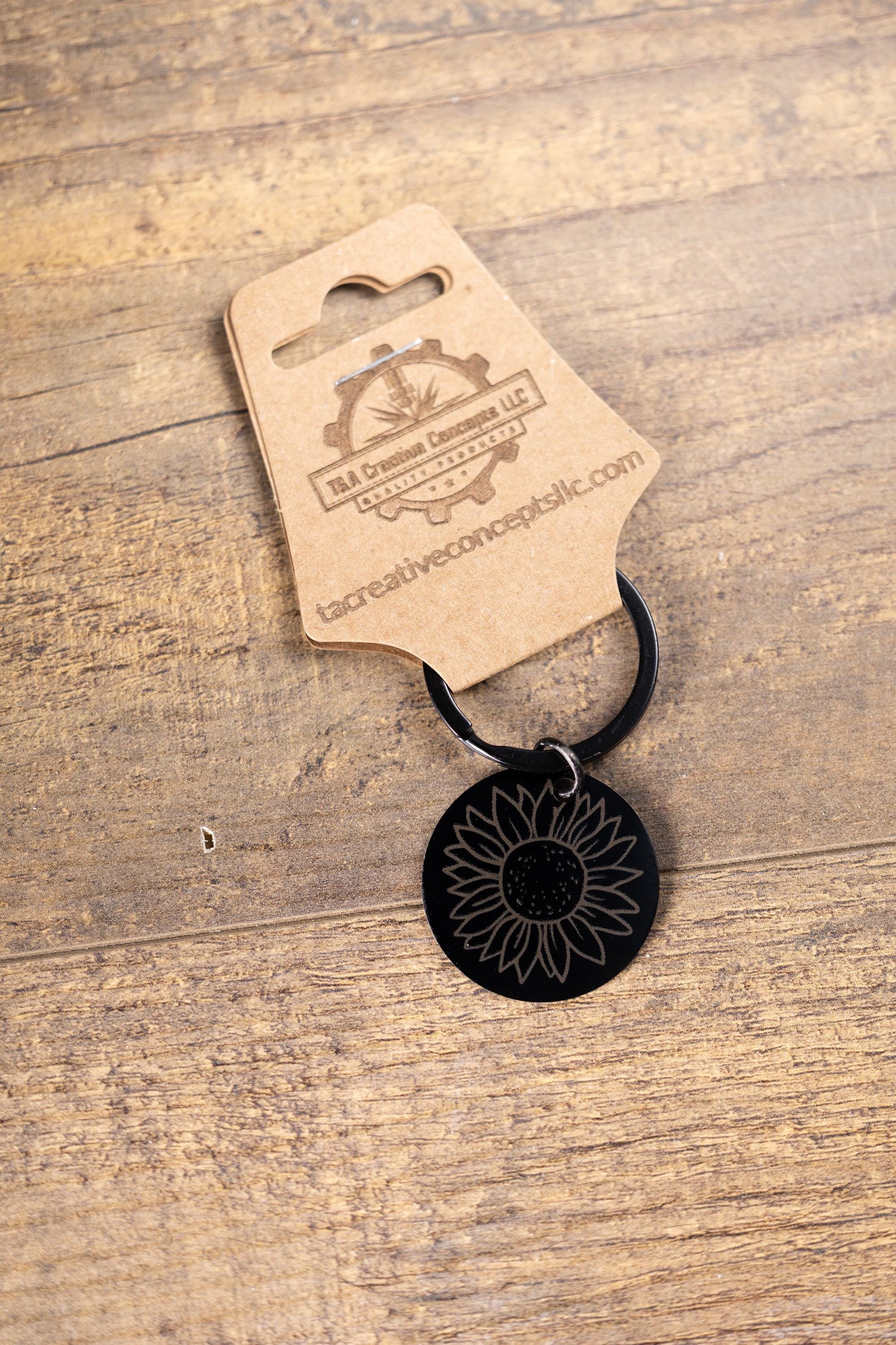 Sunflower Keychain – Black Stainless Steel, Laser Engraved Floral Design, Durable