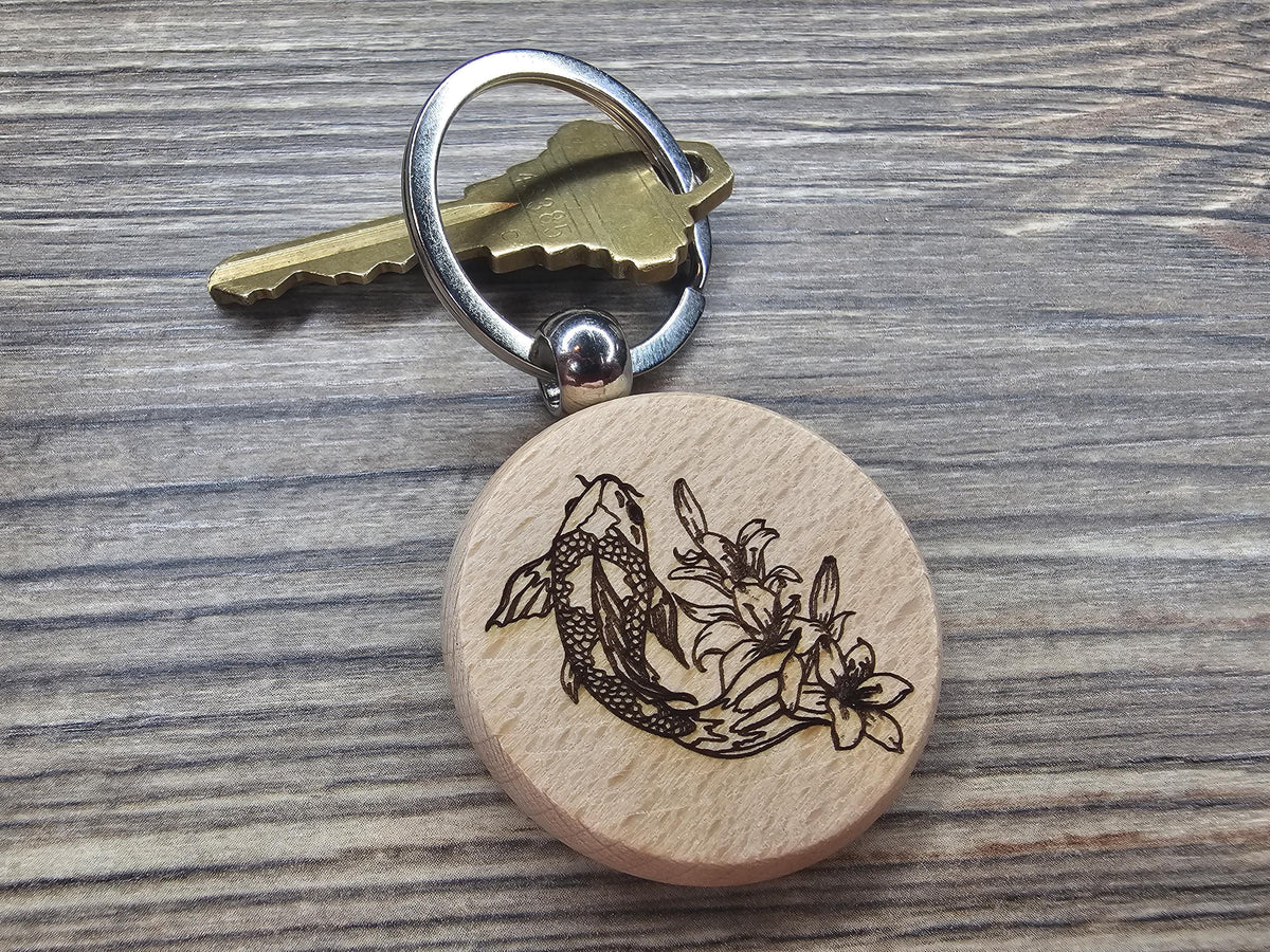 Koi Fish Keychain - Hardwood Laser Engraved Charm with Rust Resistant Ring