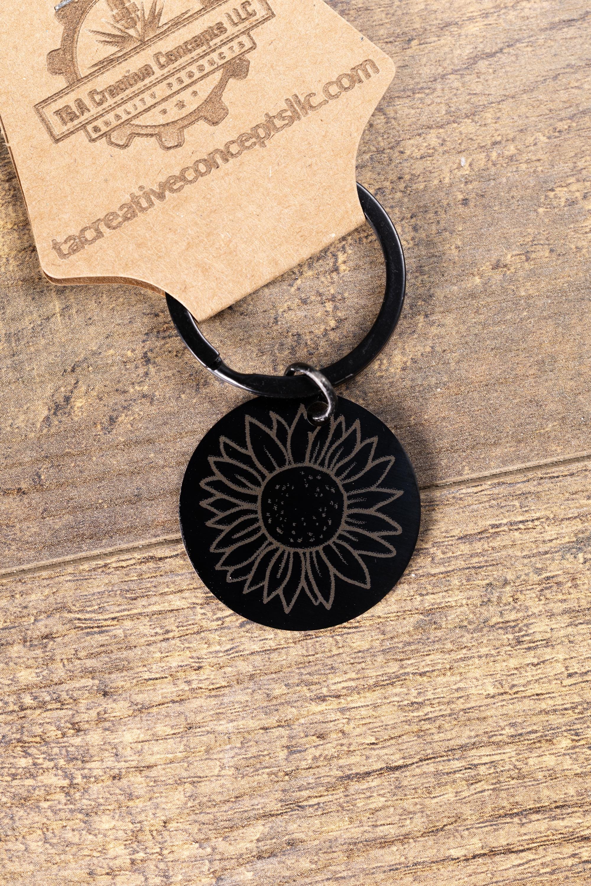 Sunflower Keychain – Black Stainless Steel, Laser Engraved Floral Design, Durable