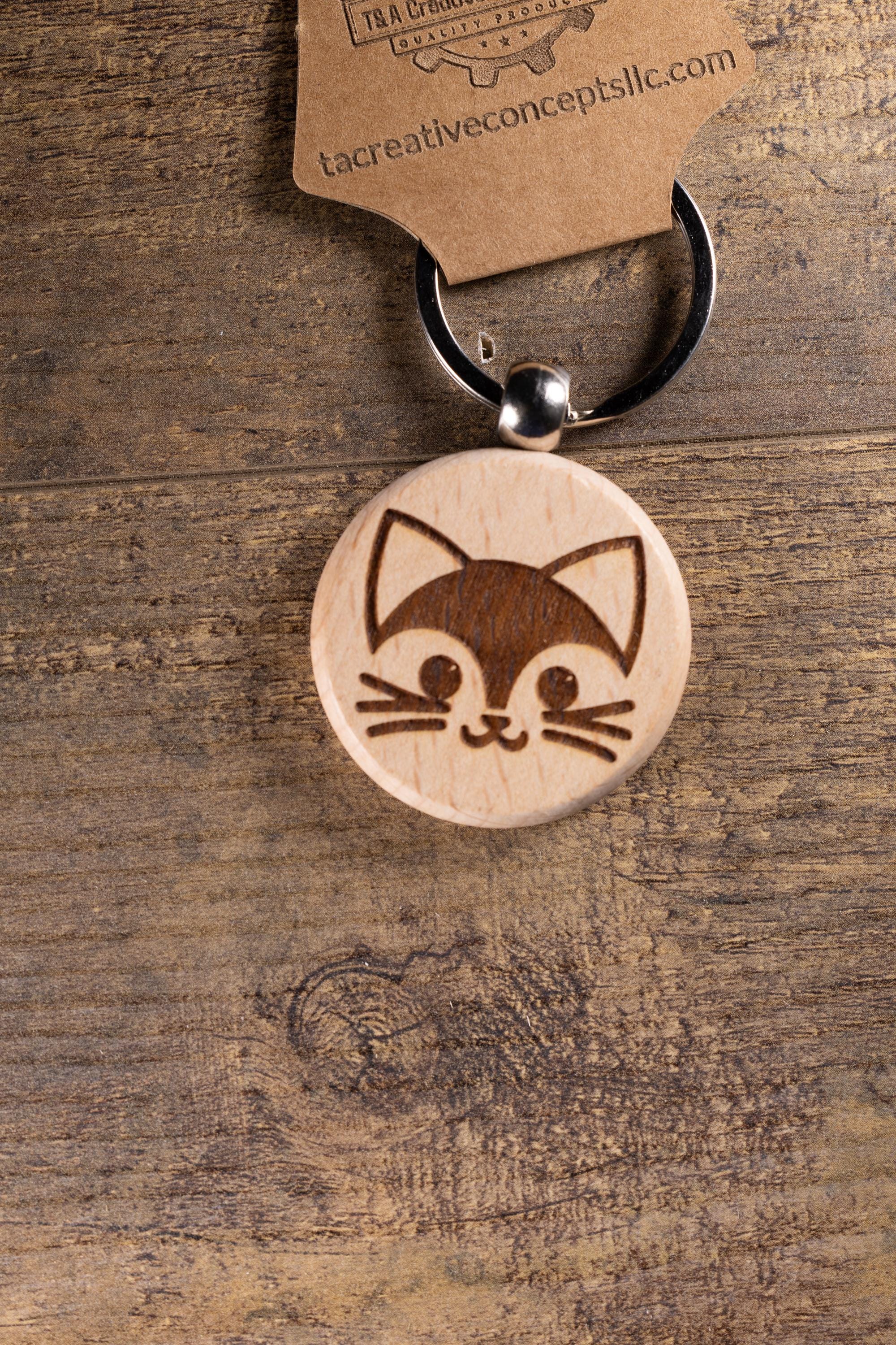 Cat Wood Keychain – Laser Engraved Hardwood Keyring | Maple, Cherry, Walnut Gift