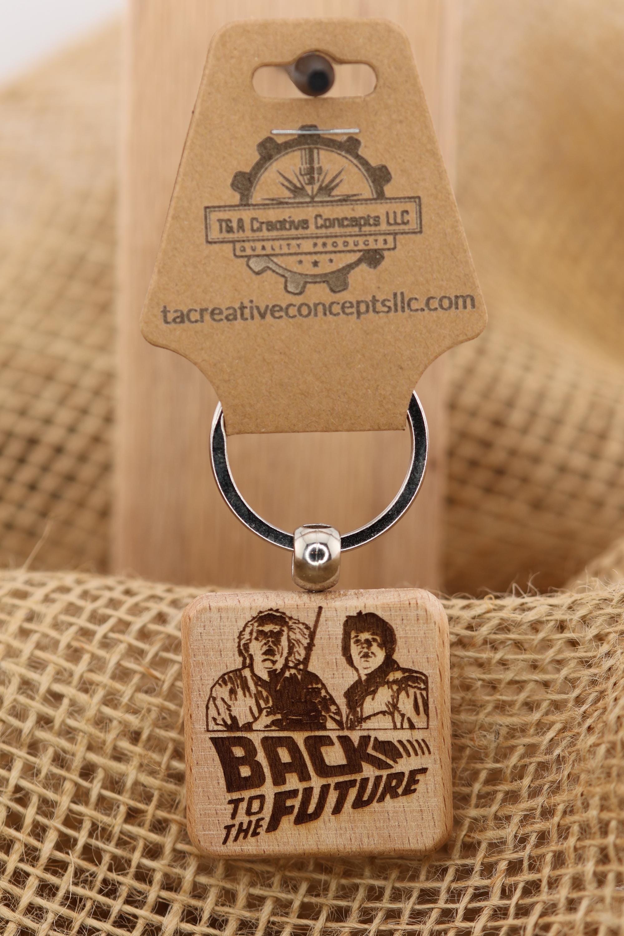 Back to the Future Keychain – Double Sided Hardwood Laser Engraved Charm with Stainless Steel Ring