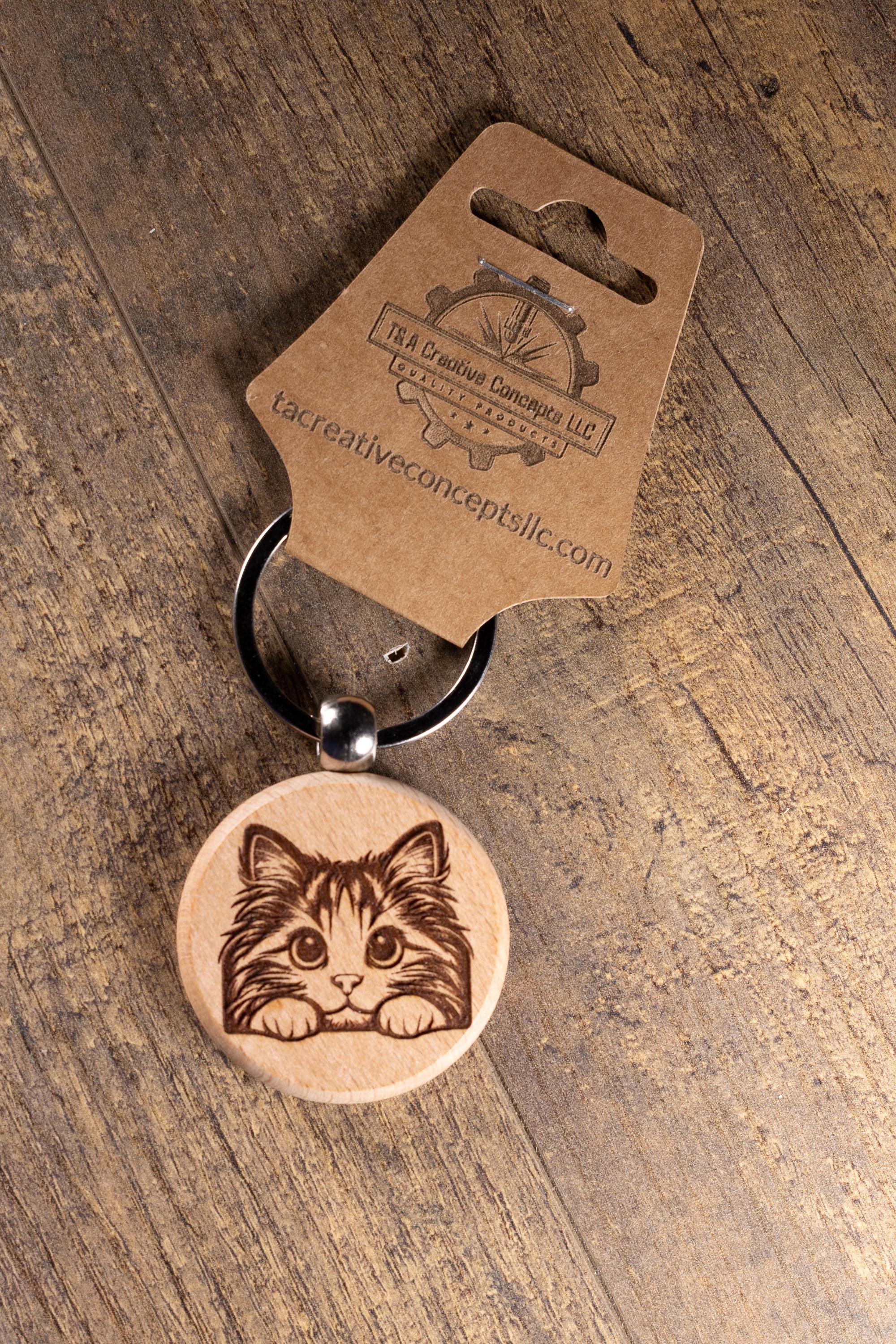 Wooden Cat Keychain - Laser Engraved Wood Hardwood Bag Charm with Stainless Steel Ring