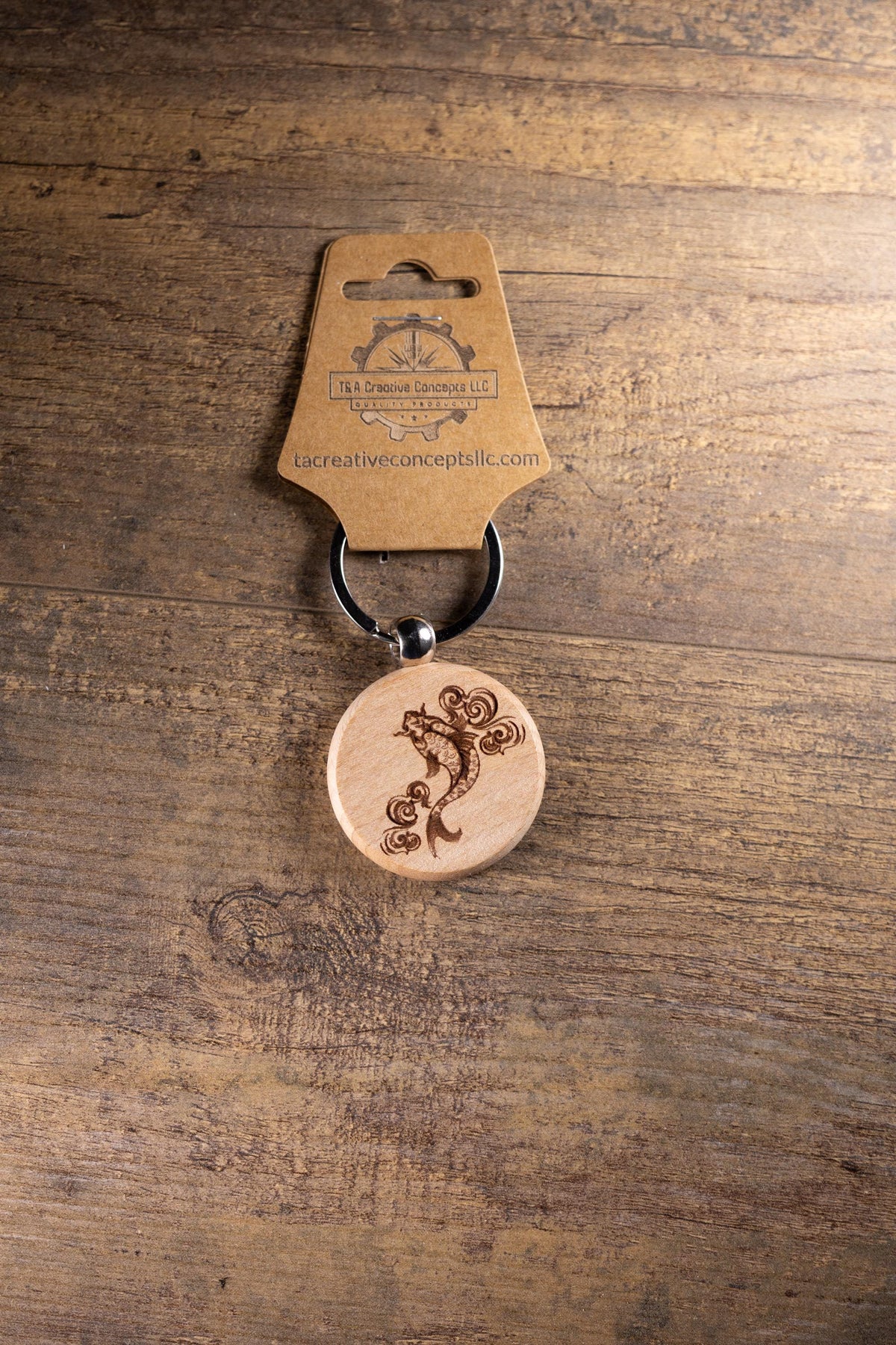 Koi Fish Keychain - Laser Engraved Hardwood Bag Charm With Stainless Steel Hardware
