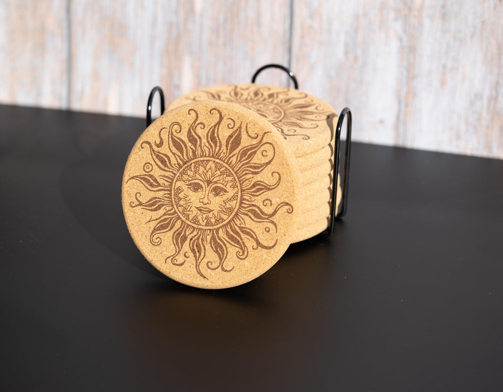 Sun Cork Coasters - Set of 8 Laser Engraved Boho Rustic Drink Mats with Holder